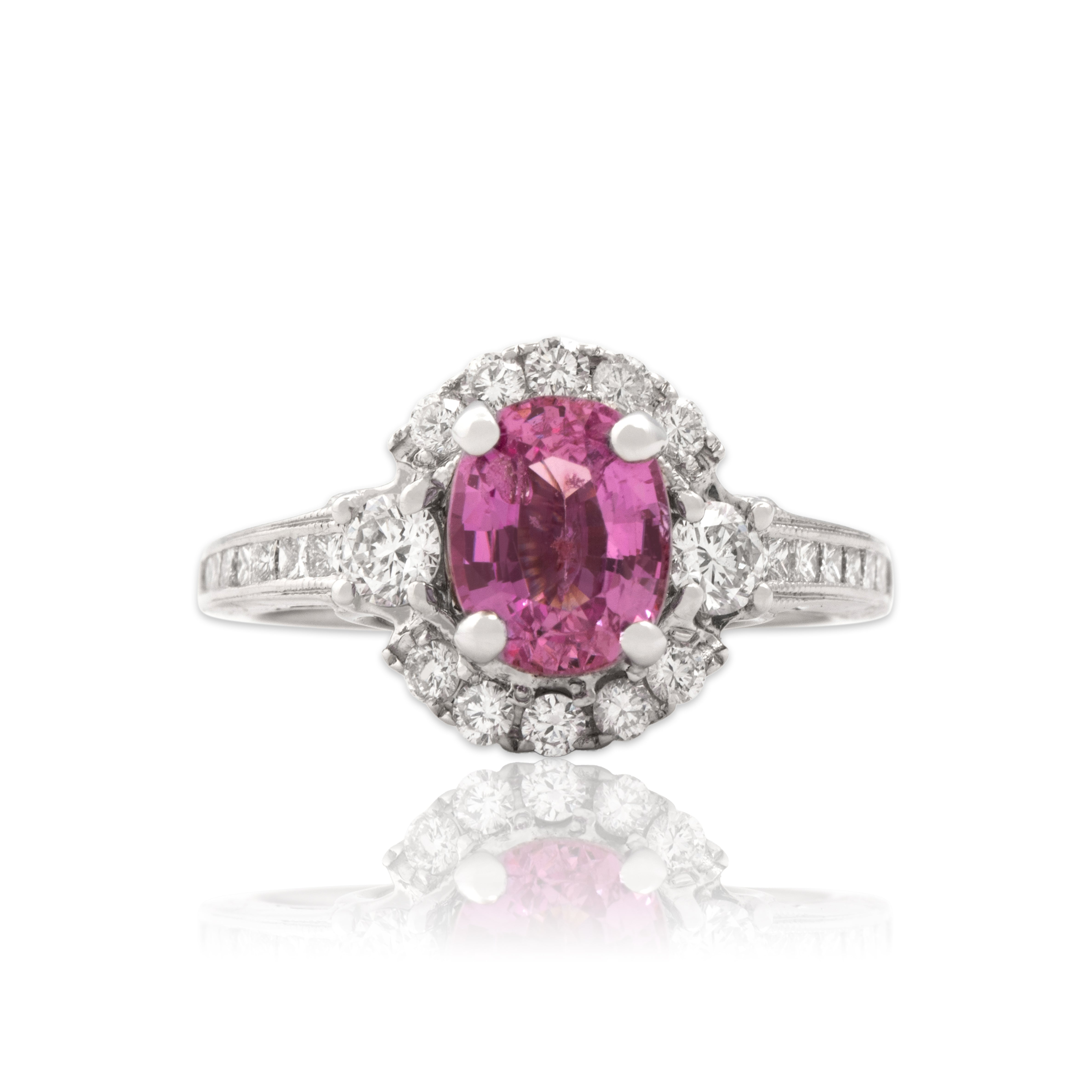 Vintage 18k White Gold 1.74ct Pink Sapphire .66cttw Diamond Dazzling Princess-Shoulder Hidden Halo Ring - Close-up view