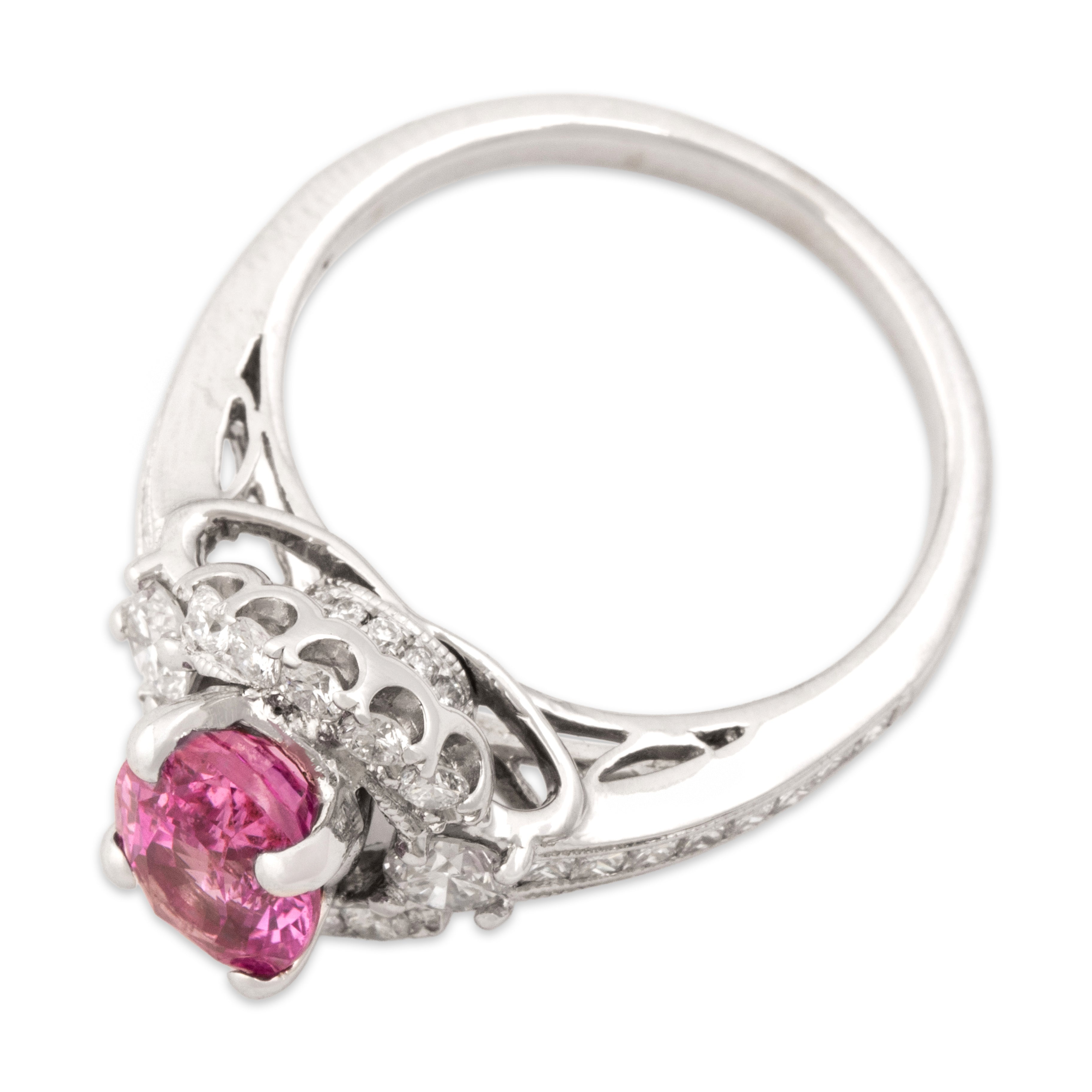 Vintage 18k White Gold 1.74ct Pink Sapphire .66cttw Diamond Dazzling Princess-Shoulder Hidden Halo Ring - Overall view