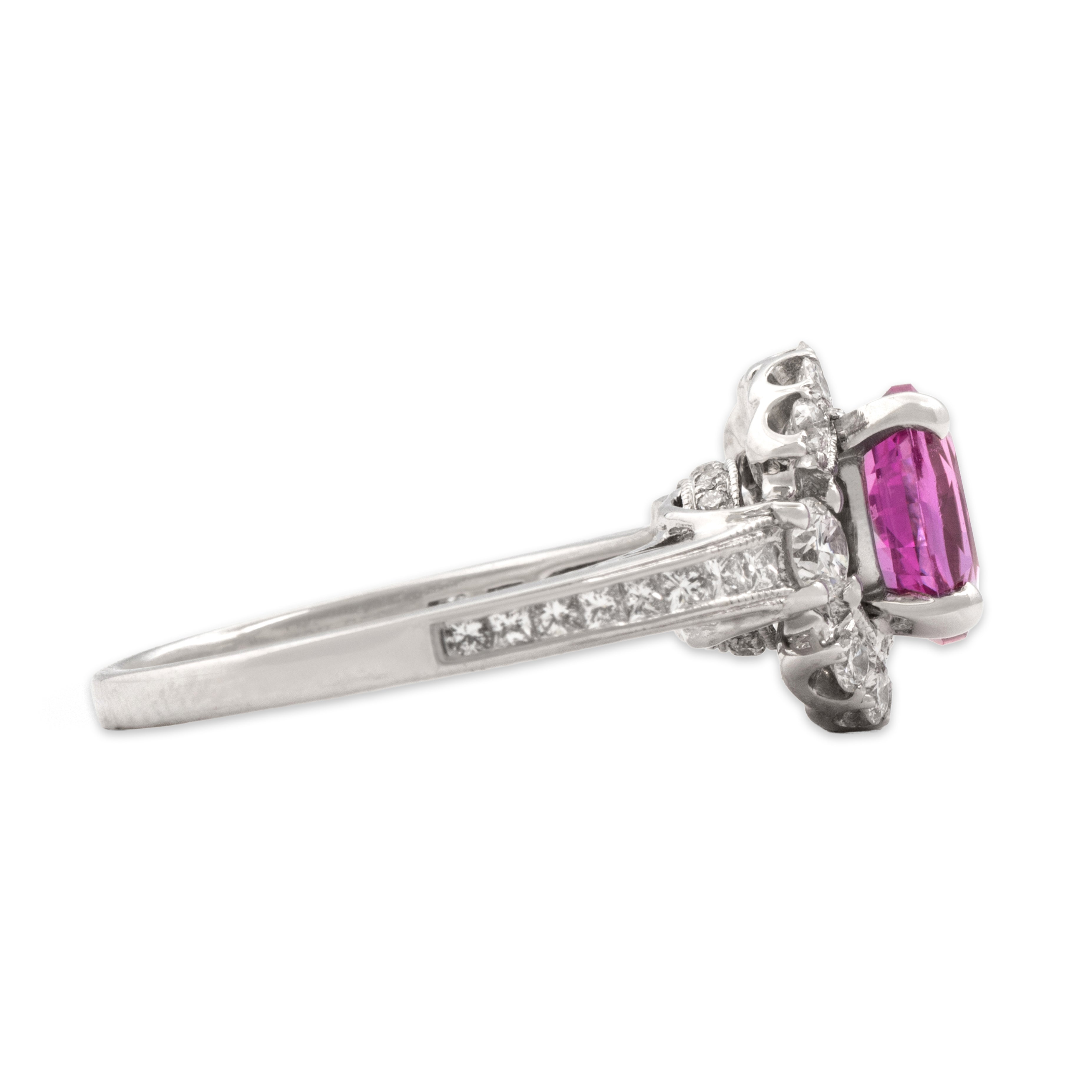 Vintage 18k White Gold 1.74ct Pink Sapphire .66cttw Diamond Dazzling Princess-Shoulder Hidden Halo Ring - Side view