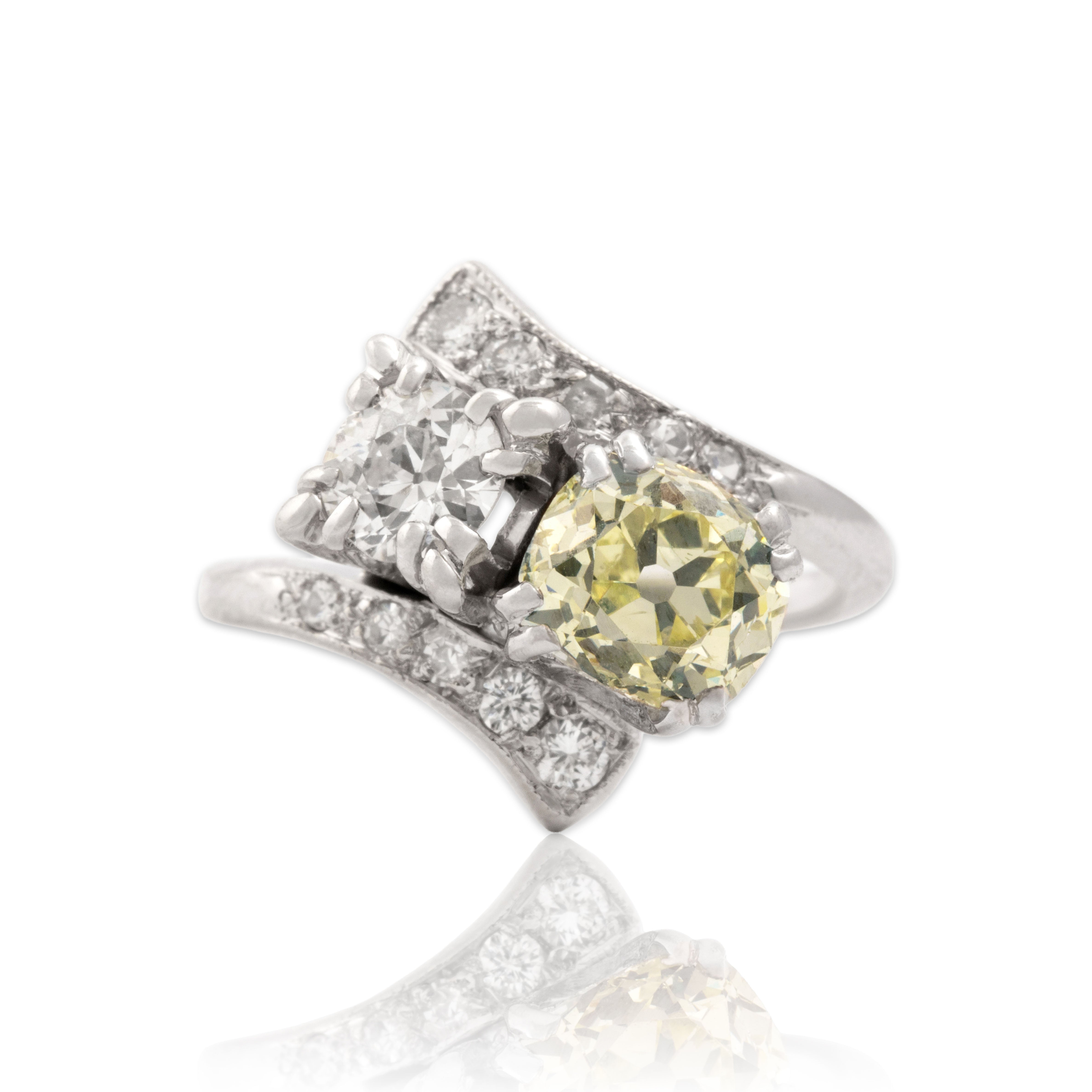 Vintage 14k White Gold 2.03cttw GIA Fancy Light Yellow Old Mine Cut Diamond Bypass Ring 4.00