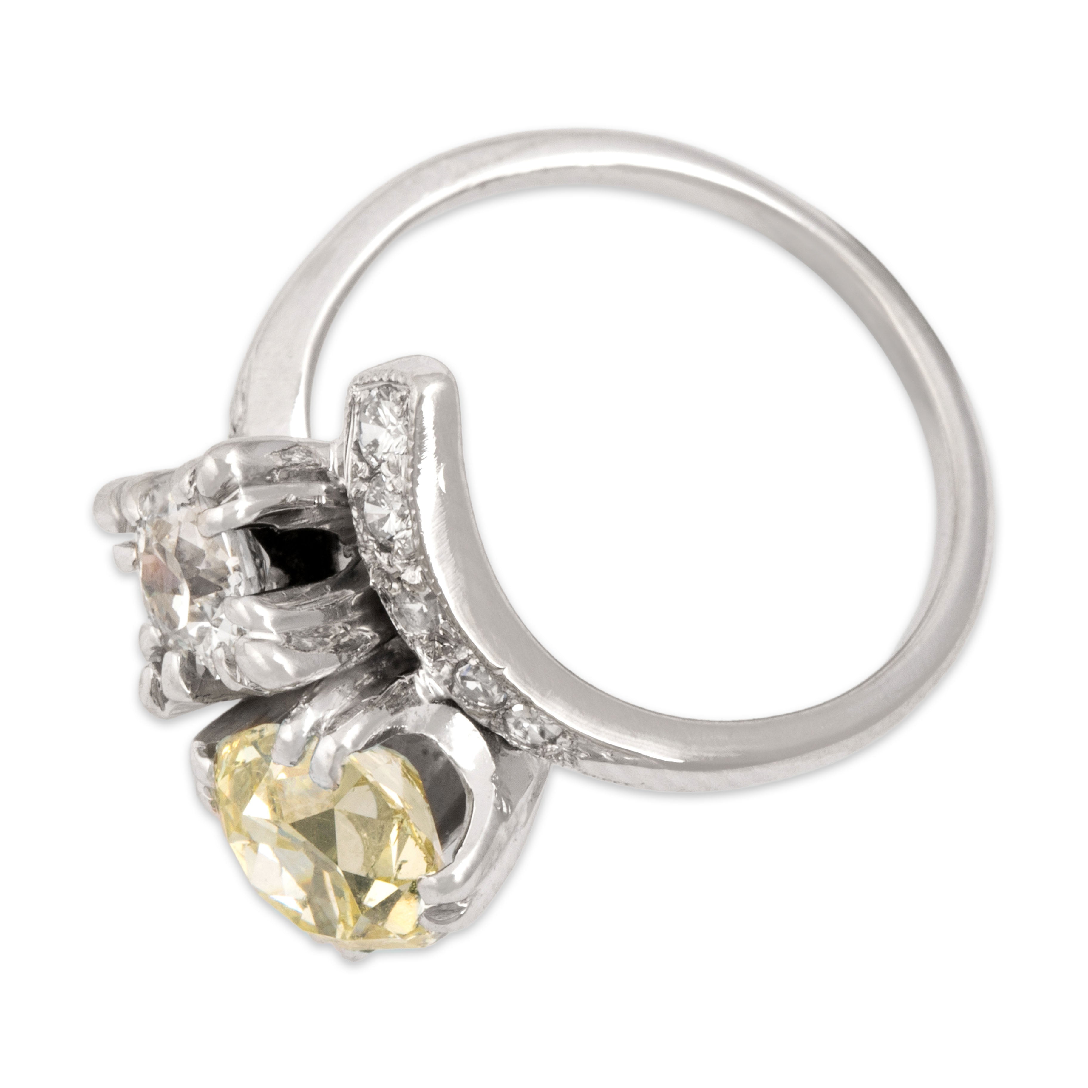 Vintage 14k White Gold 2.03cttw GIA Fancy Light Yellow Old Mine Cut Diamond Bypass Ring 4.00