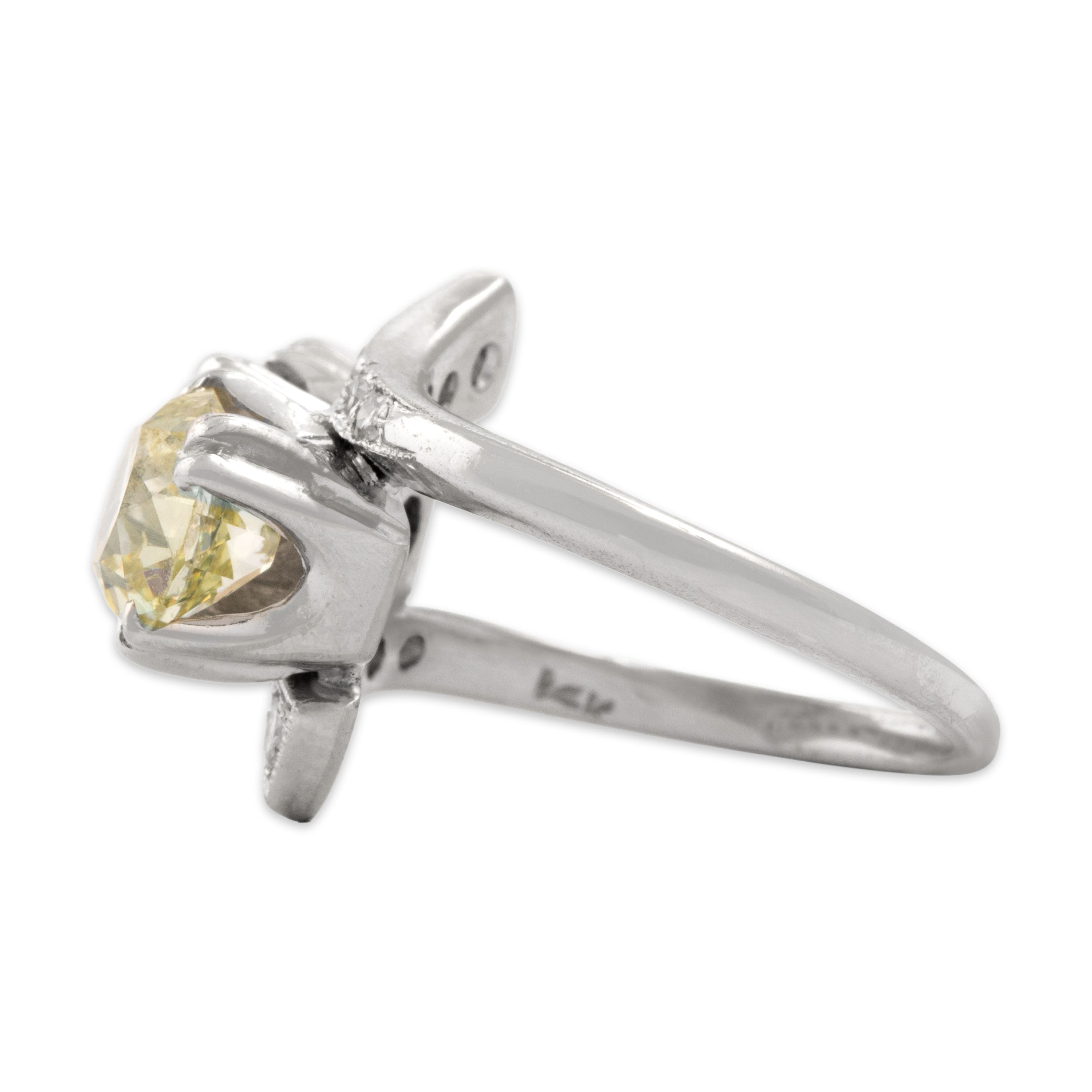 Vintage 14k White Gold 2.03cttw GIA Fancy Light Yellow Old Mine Cut Diamond Bypass Ring 4.00