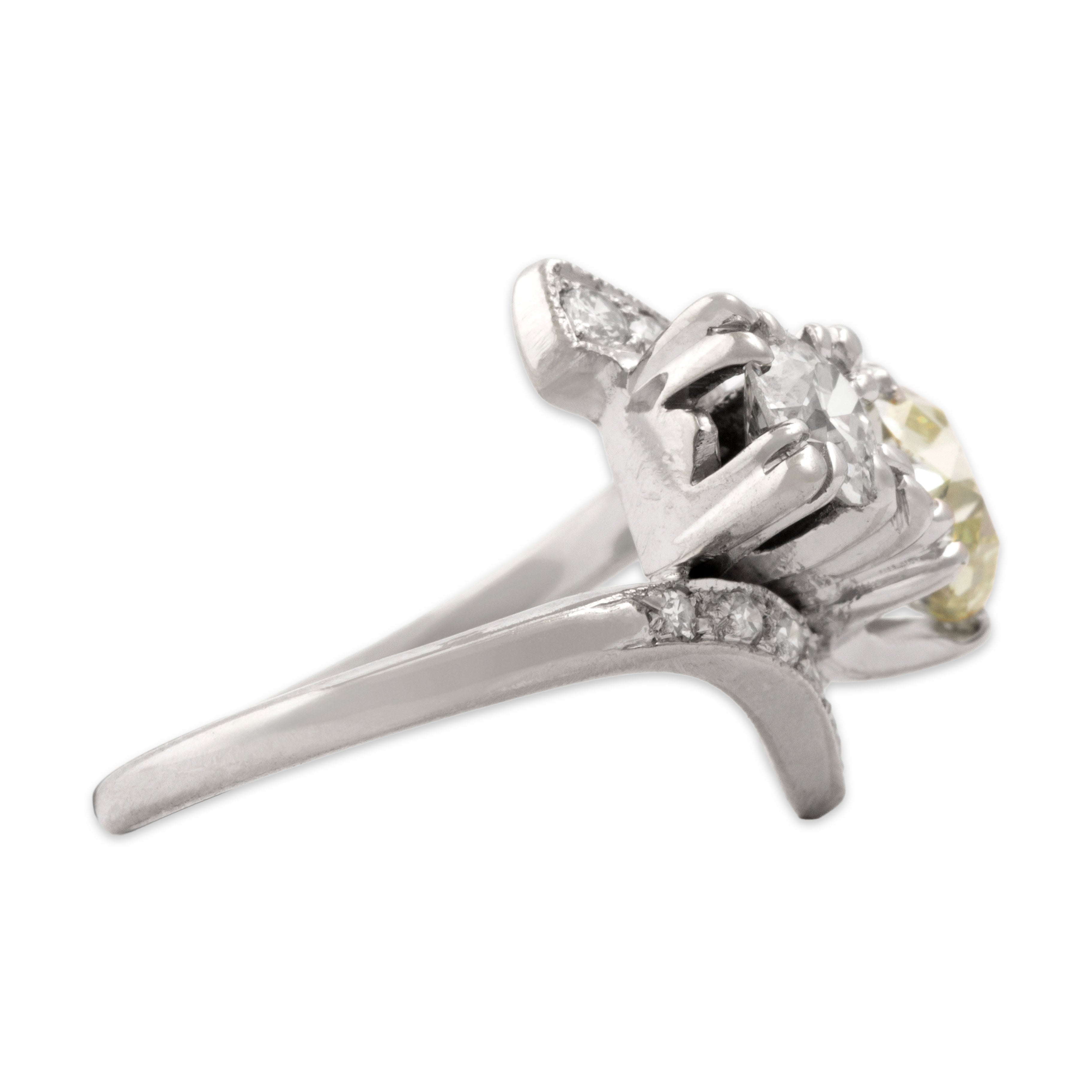 Vintage 14k White Gold 2.03cttw GIA Fancy Light Yellow Old Mine Cut Diamond Bypass Ring 4.00