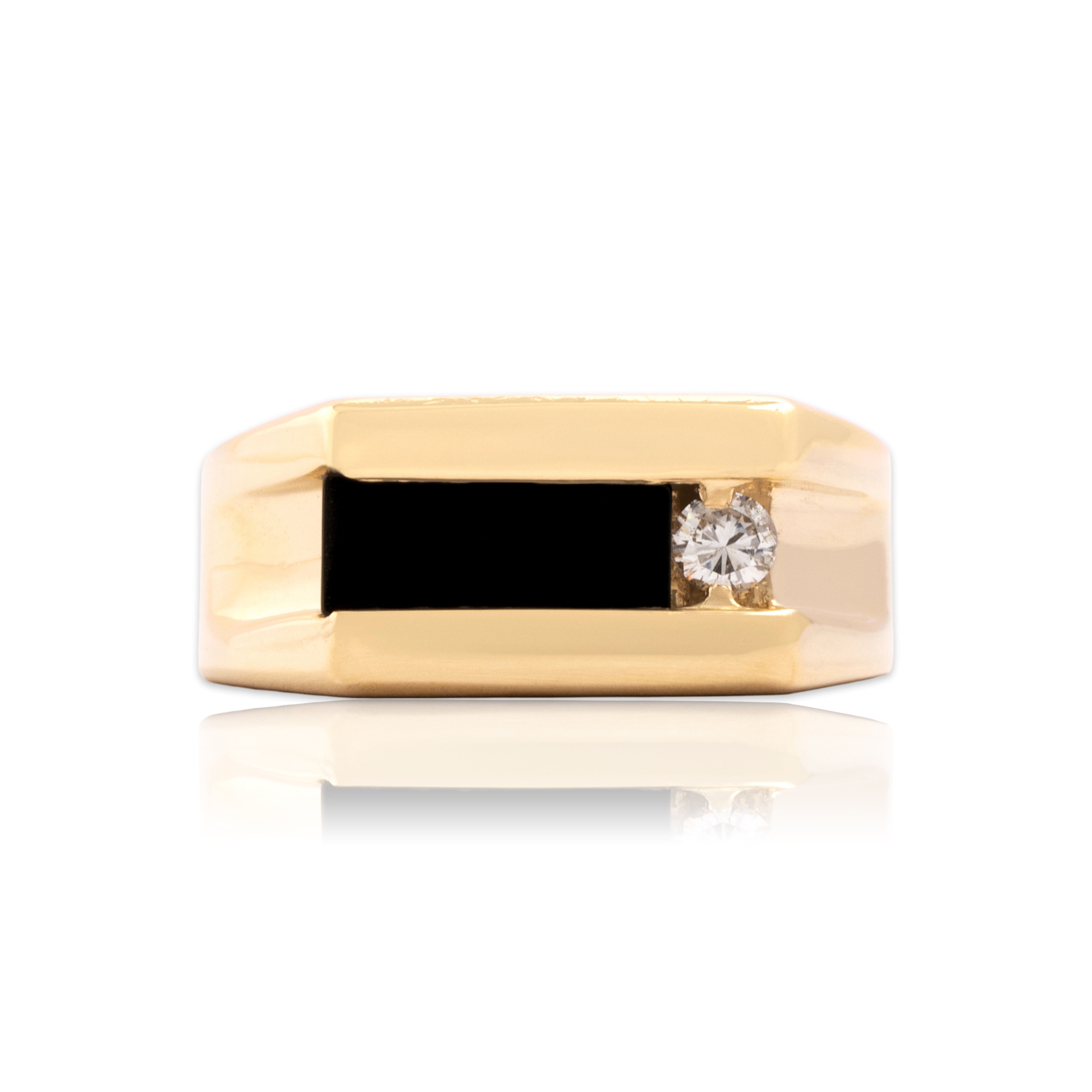 Vintage 14k Yellow Gold Onyx Diamond Bold Geometric Bar Ring - Close-up view
