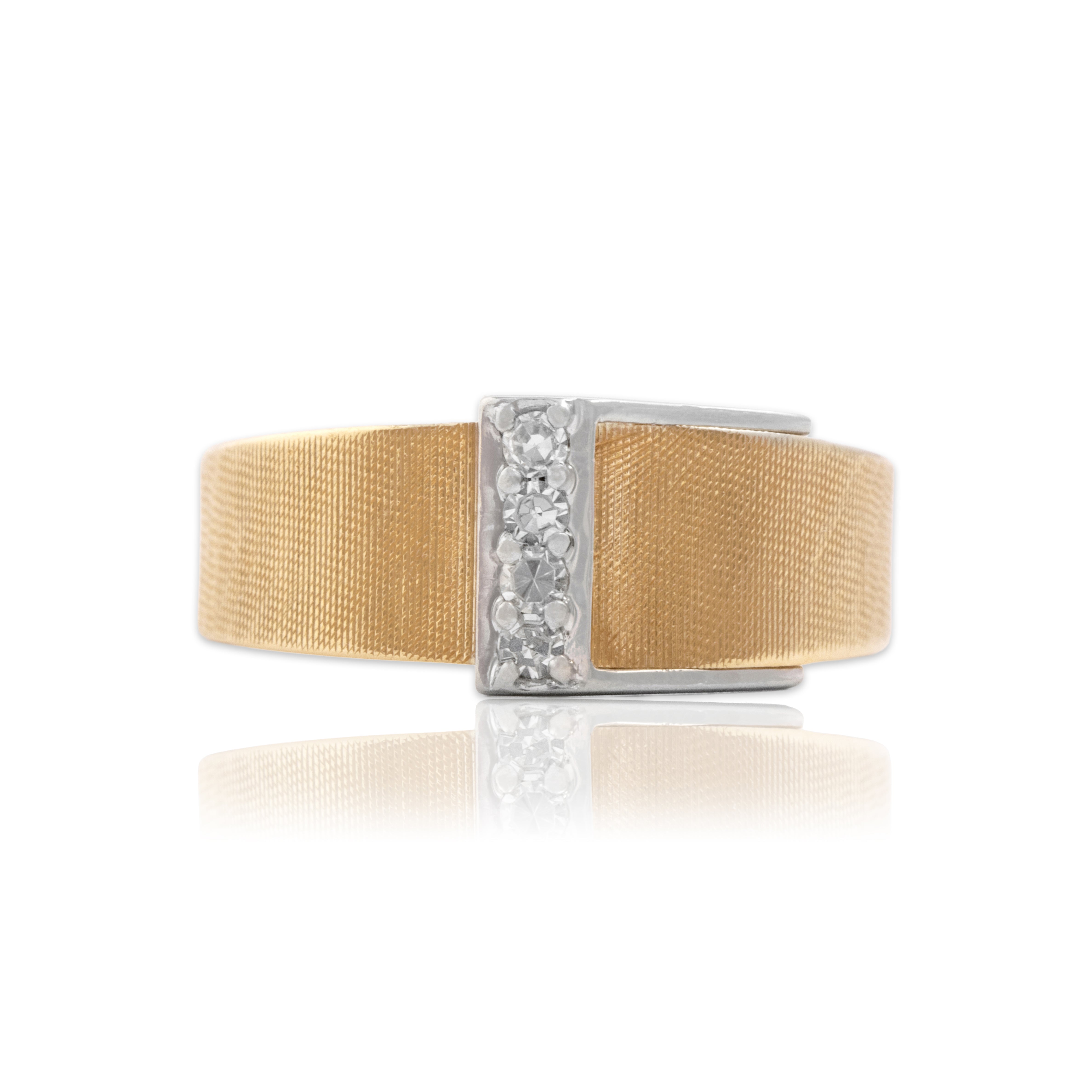 Vintage 14k Yellow & White Gold Diamond Sleek Textured Buckle Band Ring - Close-up view
