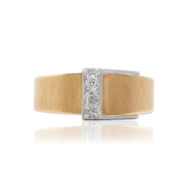 Vintage 14k Yellow & White Gold Diamond Sleek Textured Buckle Band Ring 8.00