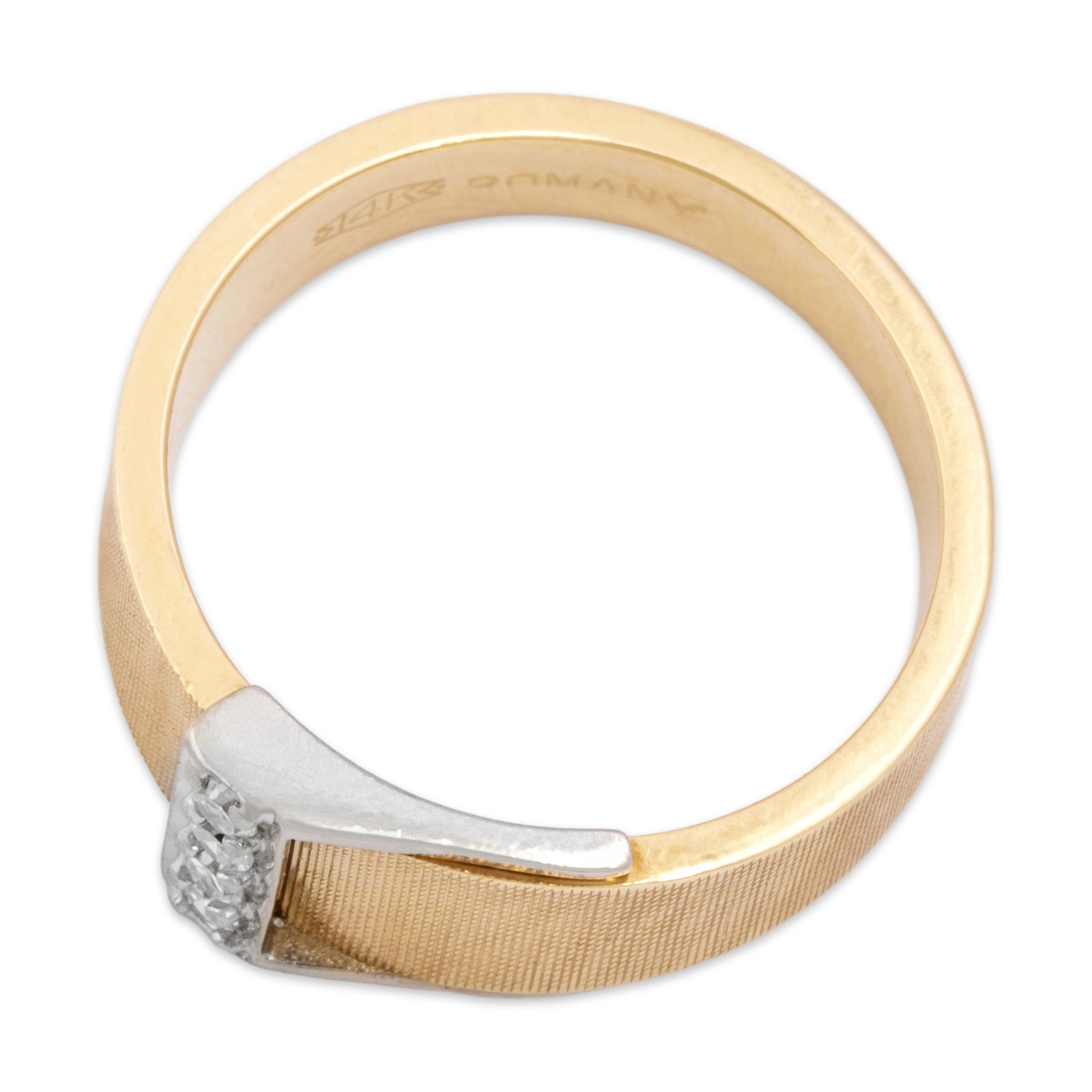 Vintage 14k Yellow & White Gold Diamond Sleek Textured Buckle Band Ring - Overall view
