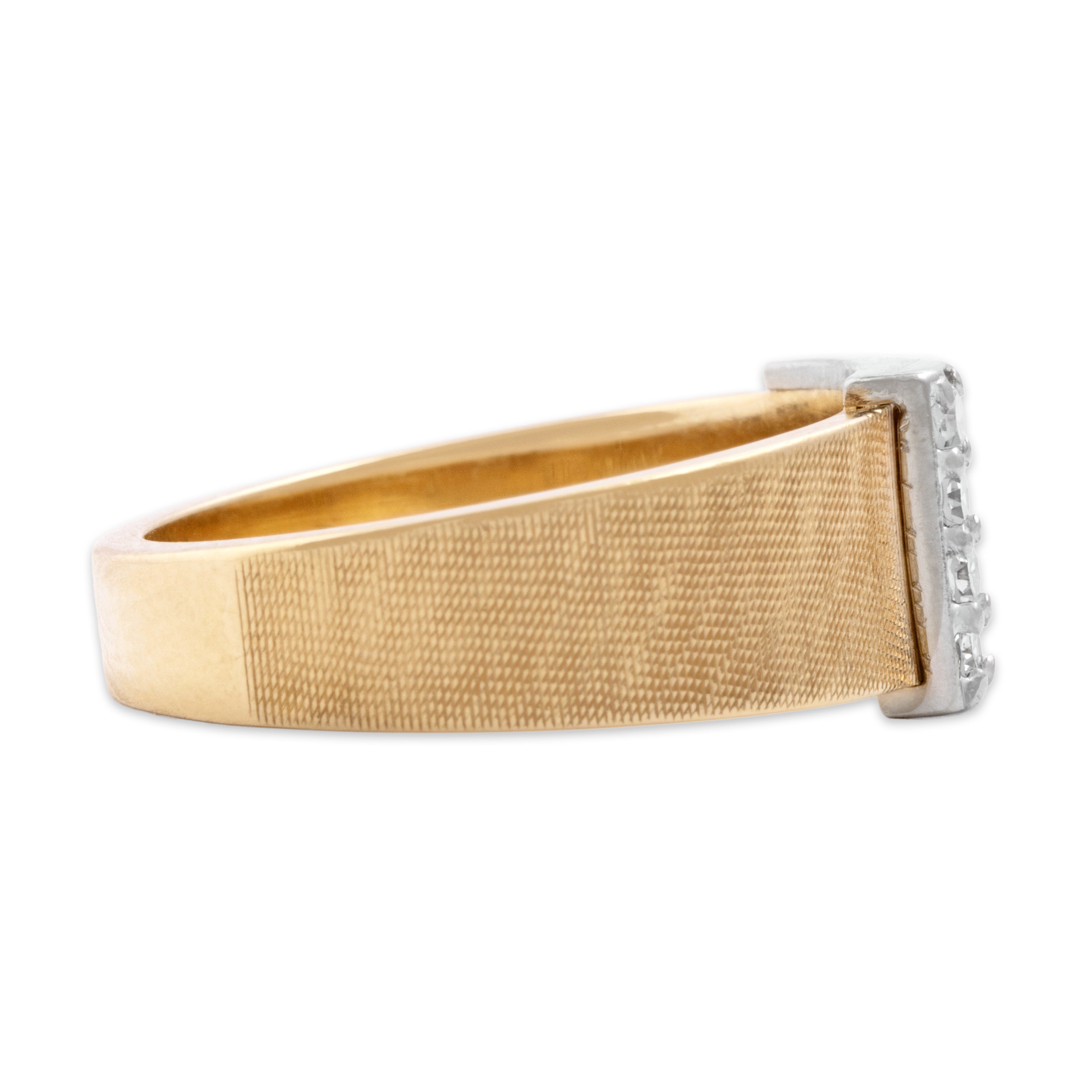 Vintage 14k Yellow & White Gold Diamond Sleek Textured Buckle Band Ring - Side view