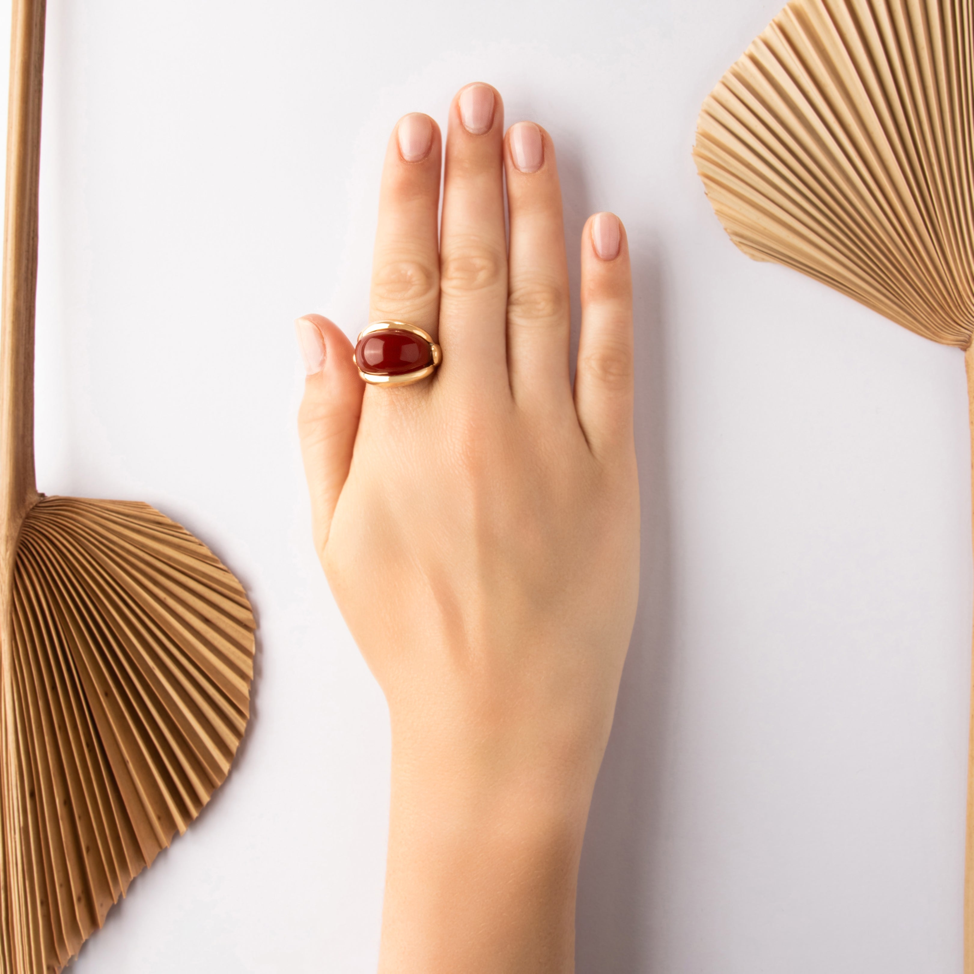Vintage 14k Yellow Gold 12.07ct Carnelian Gleaming Bold Dome Statement Ring - On model view