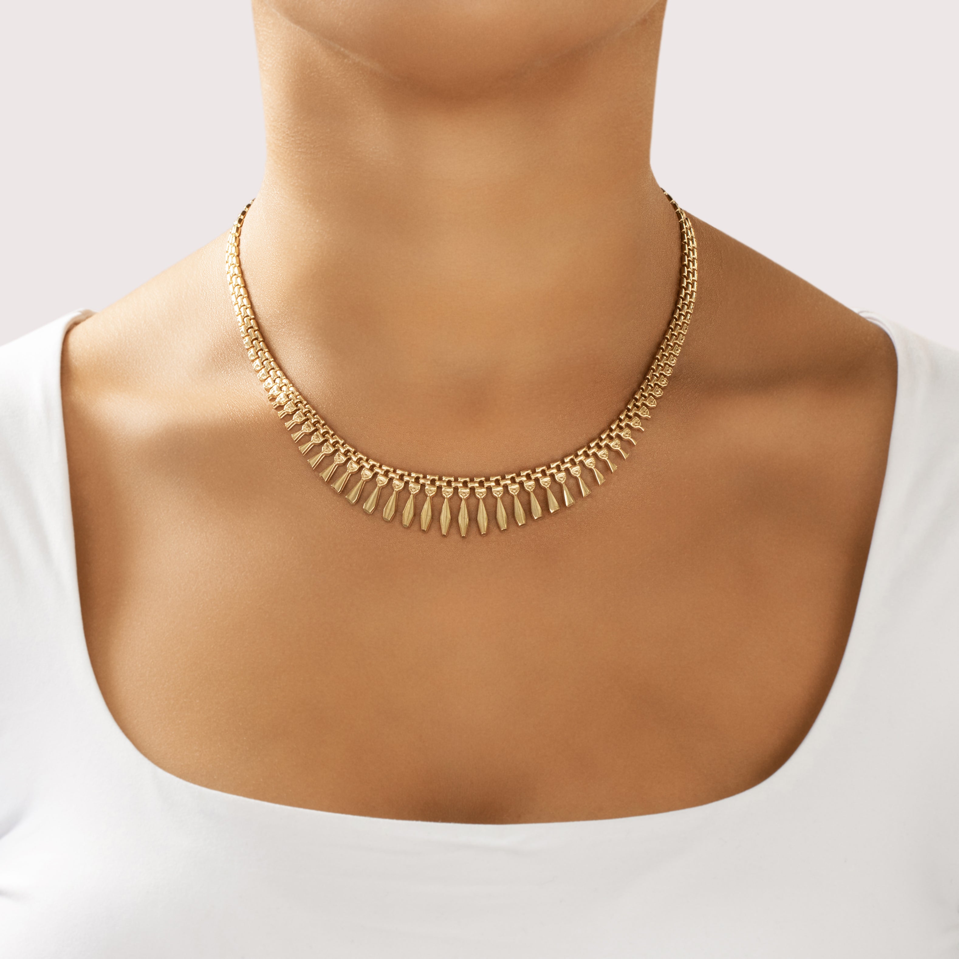 Vintage Italian 14k Yellow Gold Geometric Graduated Fringe Collar Necklace - On model view