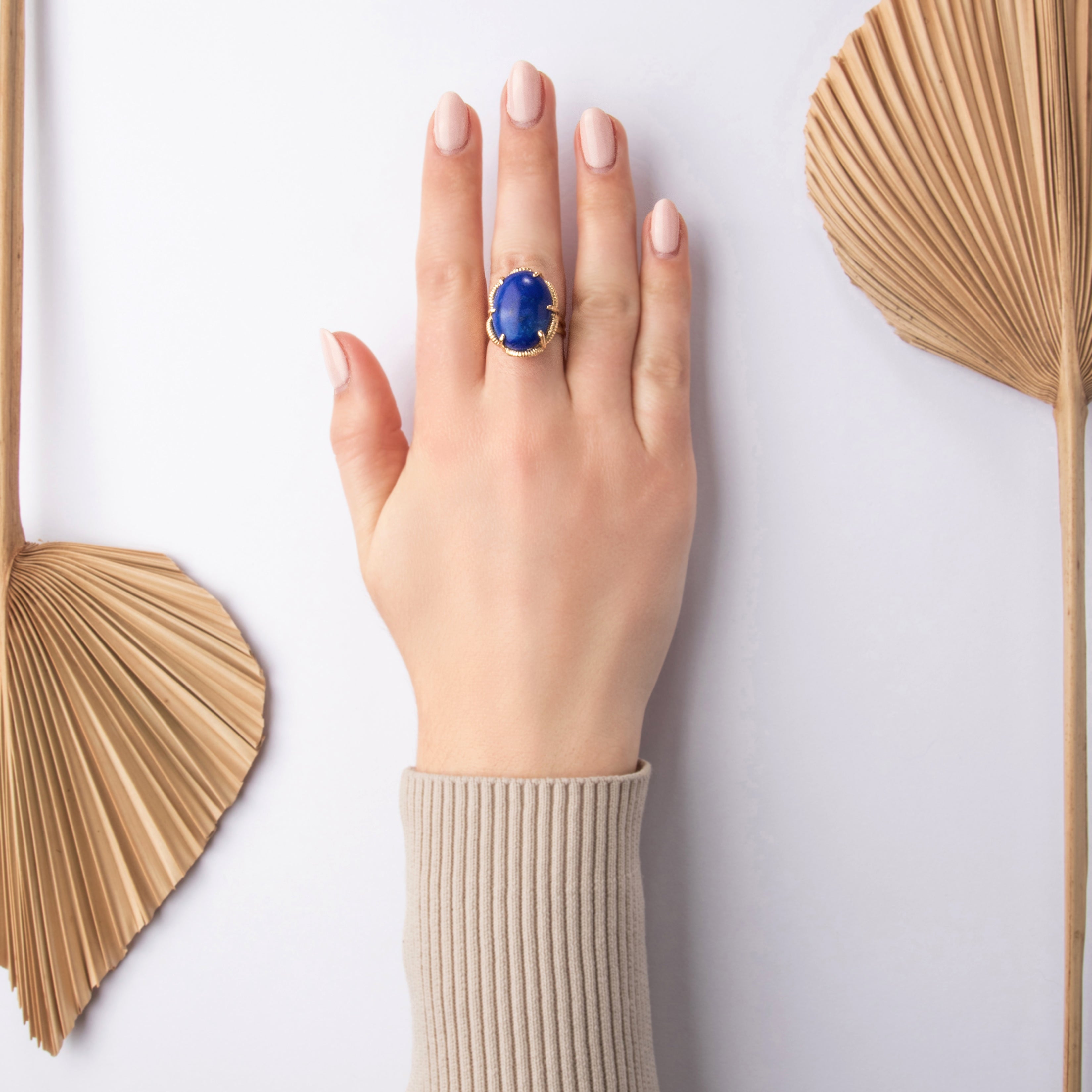 Vintage Large 14k Yellow Gold 12.17ct Lapis Lazuli Looping Cocktail Ring - On model view