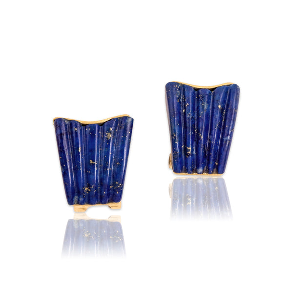 Vintage 14k Yellow Gold Lapis Lazuli Carved Ridged Fan Omega-Back Earrings