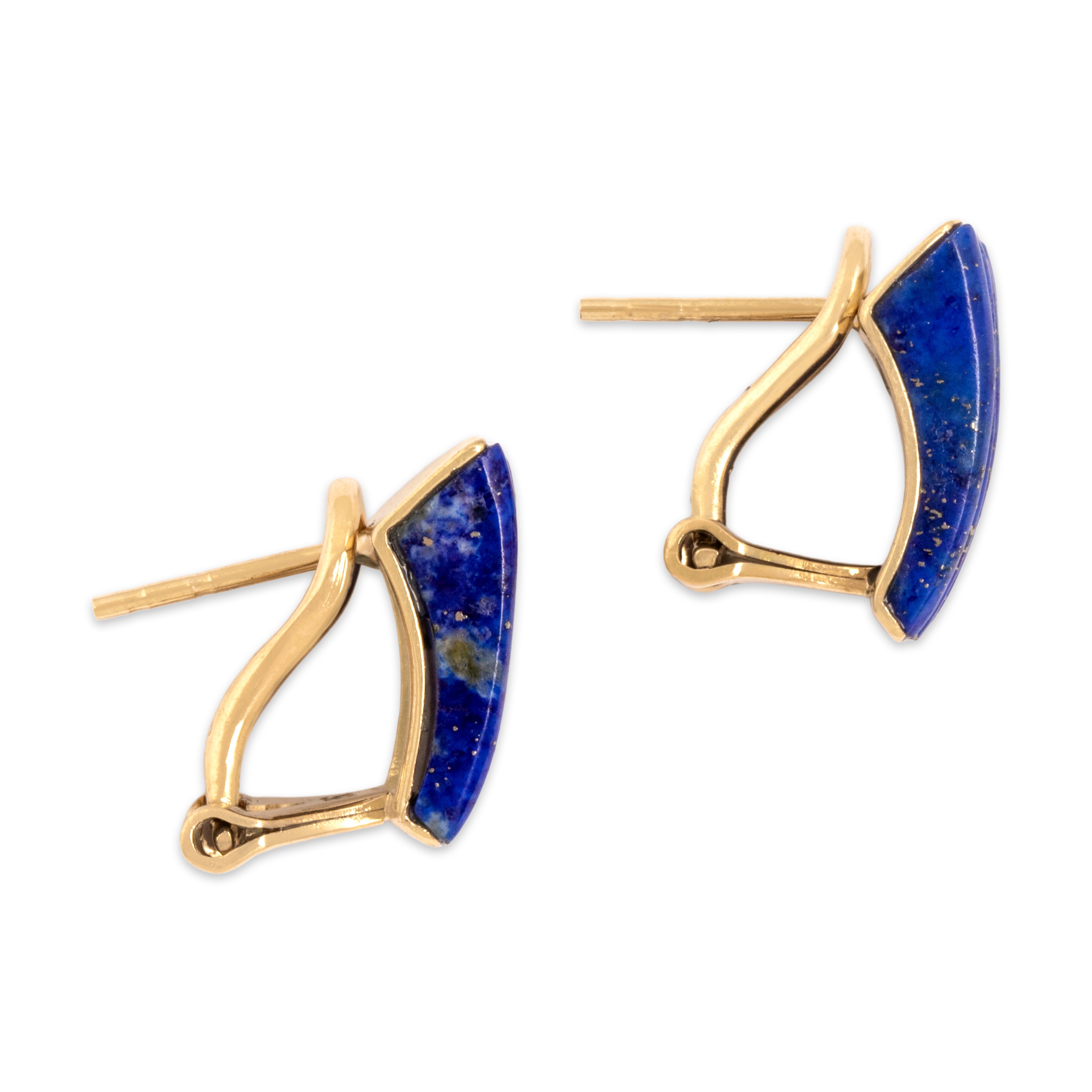 Vintage 14k Yellow Gold Lapis Lazuli Stately Carved Ridged Fan Omega-Back Earrings - Side view