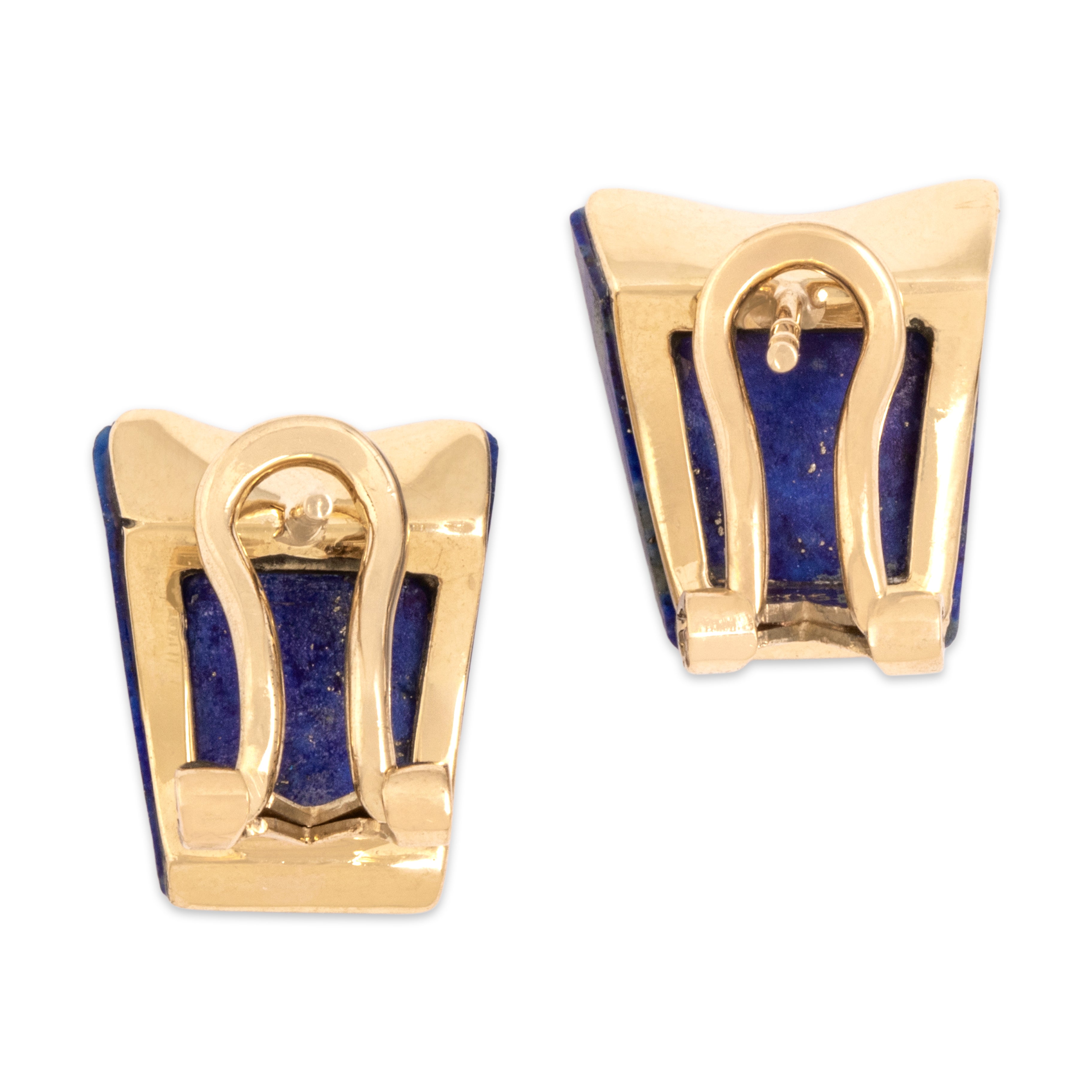 Vintage 14k Yellow Gold Lapis Lazuli Stately Carved Ridged Fan Omega-Back Earrings - Back view