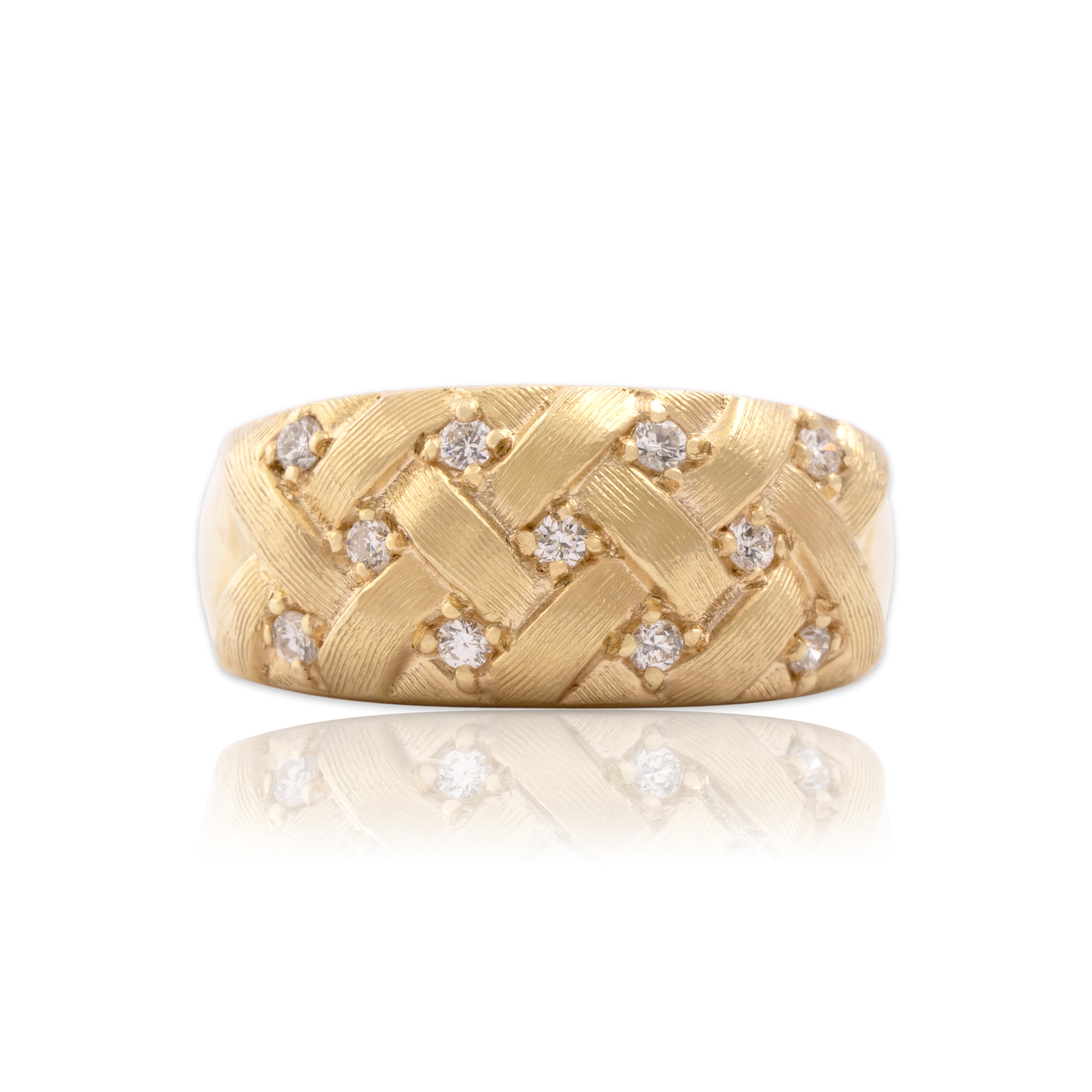 Vintage 14k Yellow Gold Diamond Chic Brushed Woven Band Ring - Close-up view