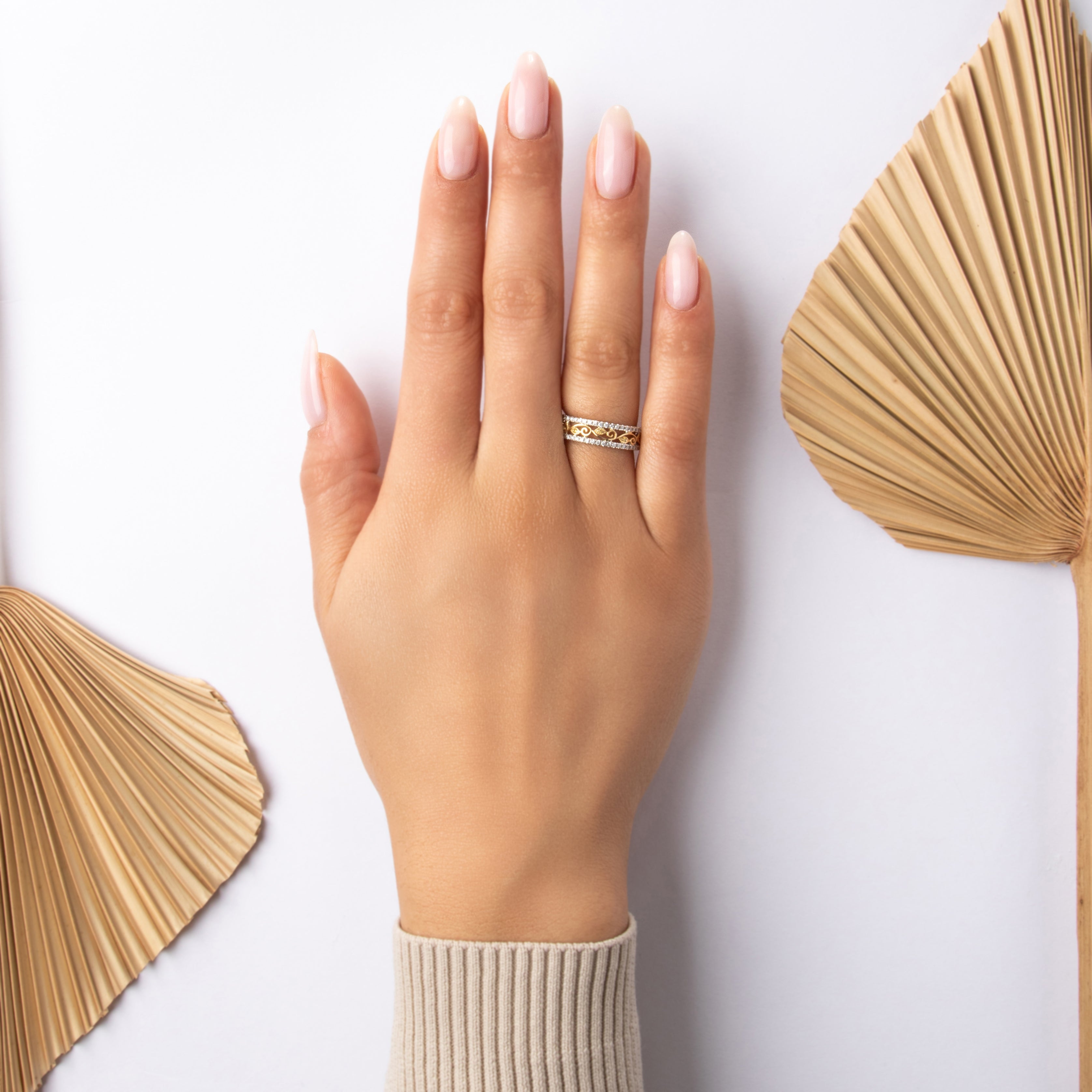 Estate 18k White & Yellow Gold White Diamond Yellow Diamond Scrolling Laurel Eternity Band Ring - On model view