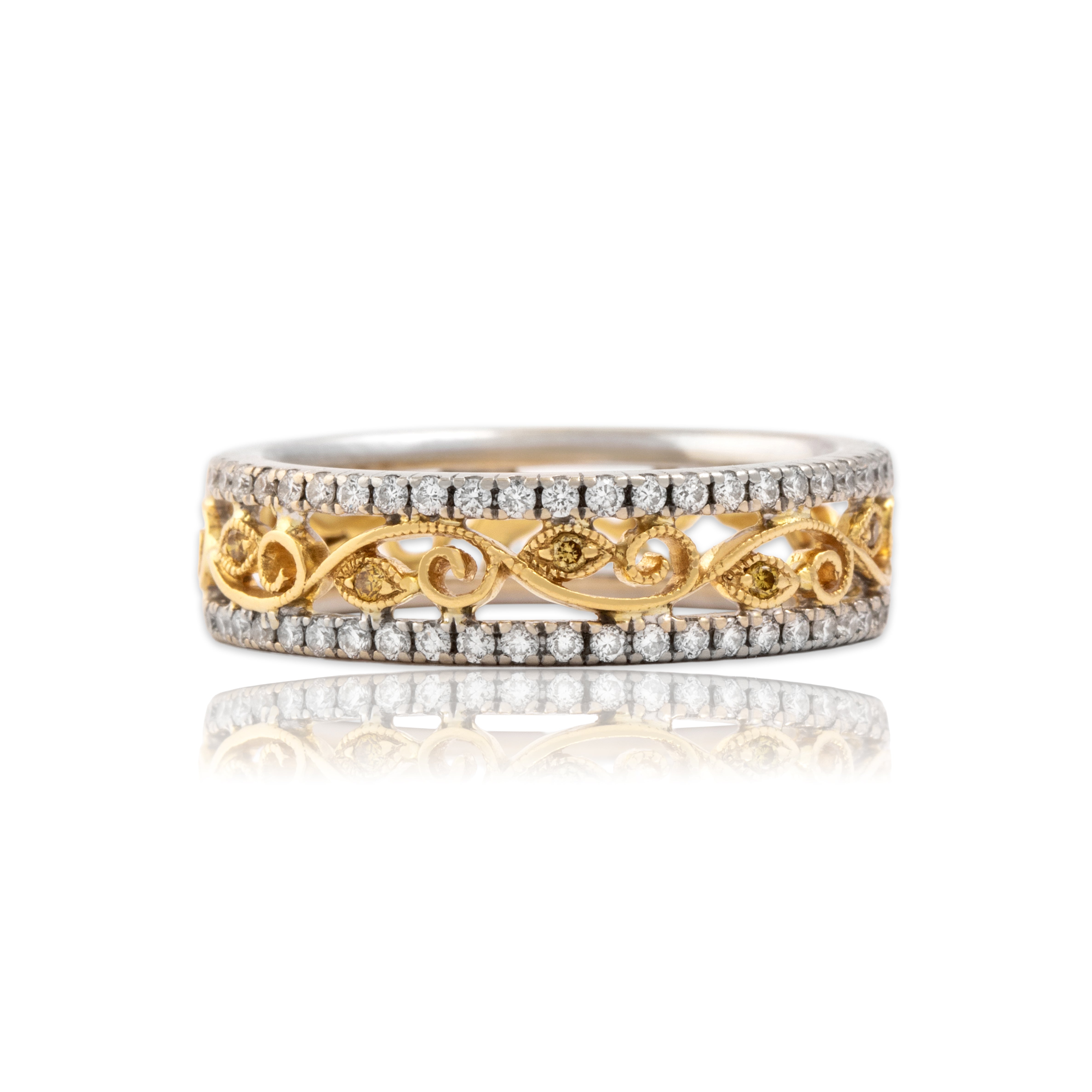 Estate 18k White & Yellow Gold White Diamond Yellow Diamond Scrolling Laurel Eternity Band Ring - Close-up view