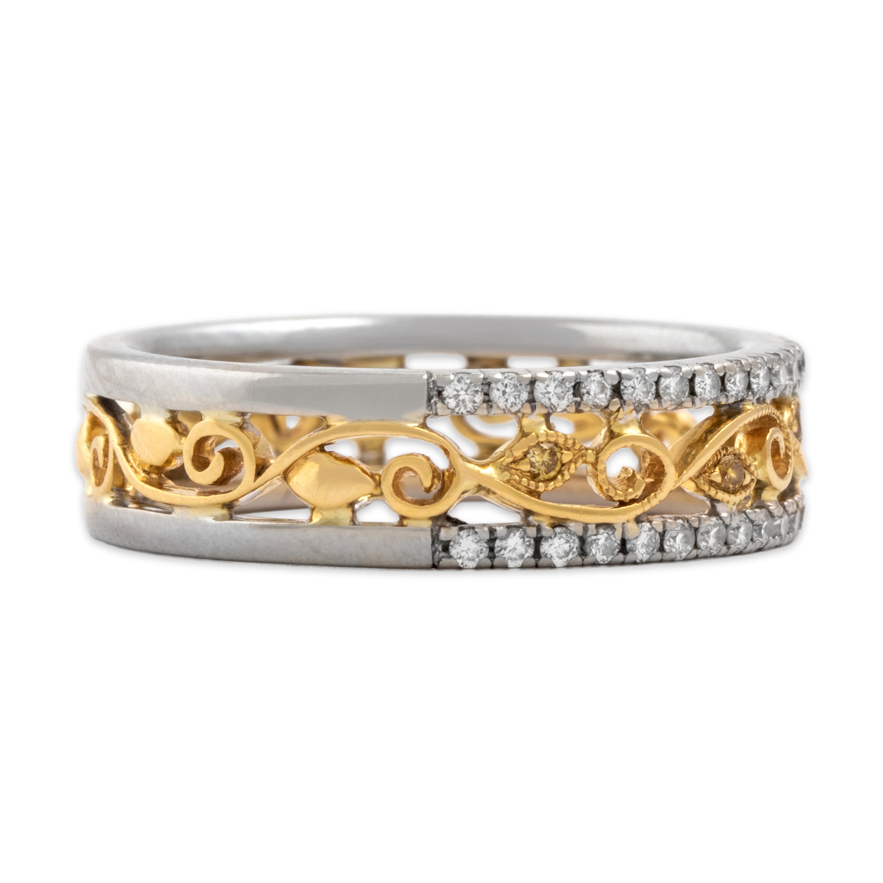 Estate 18k White & Yellow Gold White Diamond Yellow Diamond Scrolling Laurel Eternity Band Ring - Side view