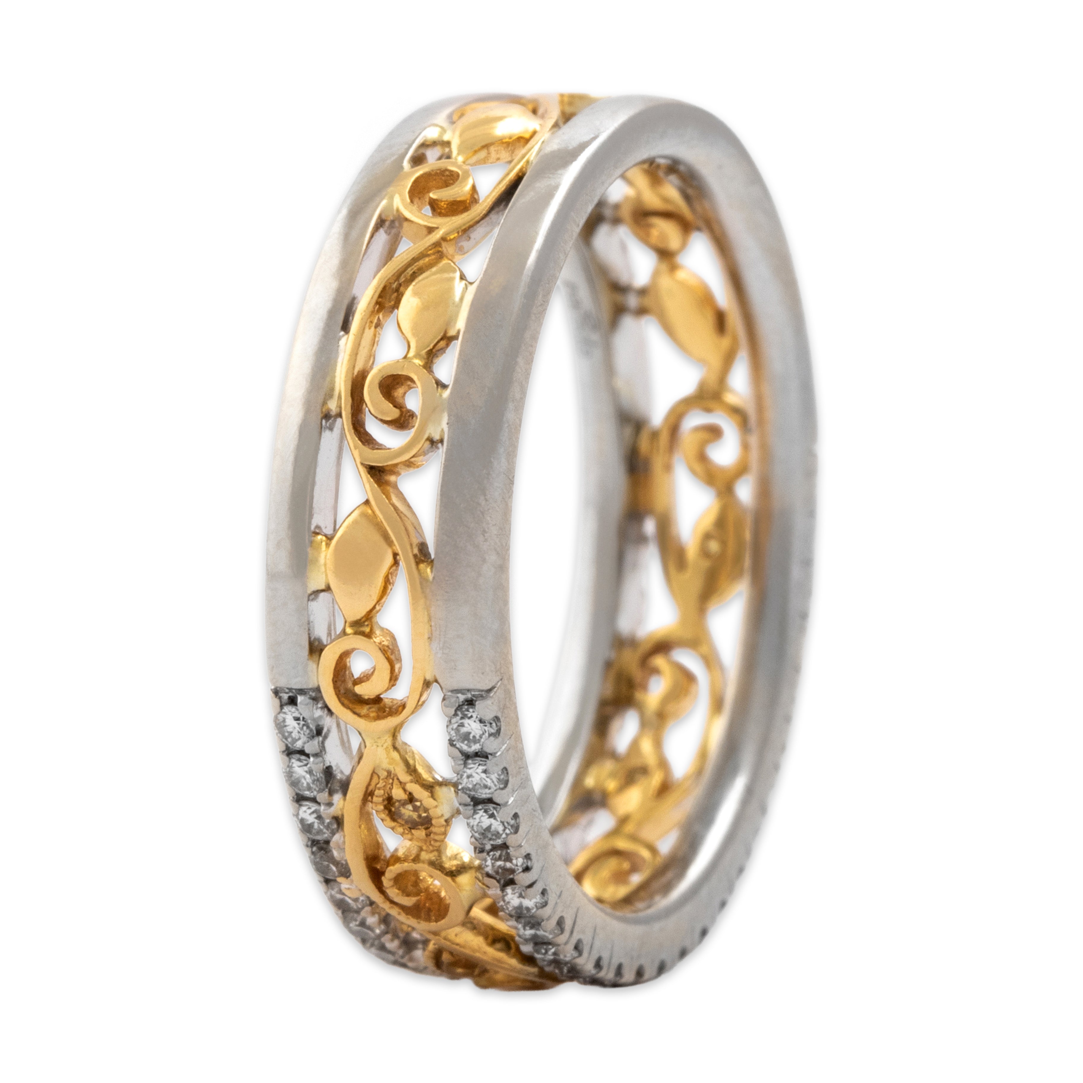 Estate 18k White & Yellow Gold White Diamond Yellow Diamond Scrolling Laurel Eternity Band Ring - Overall view