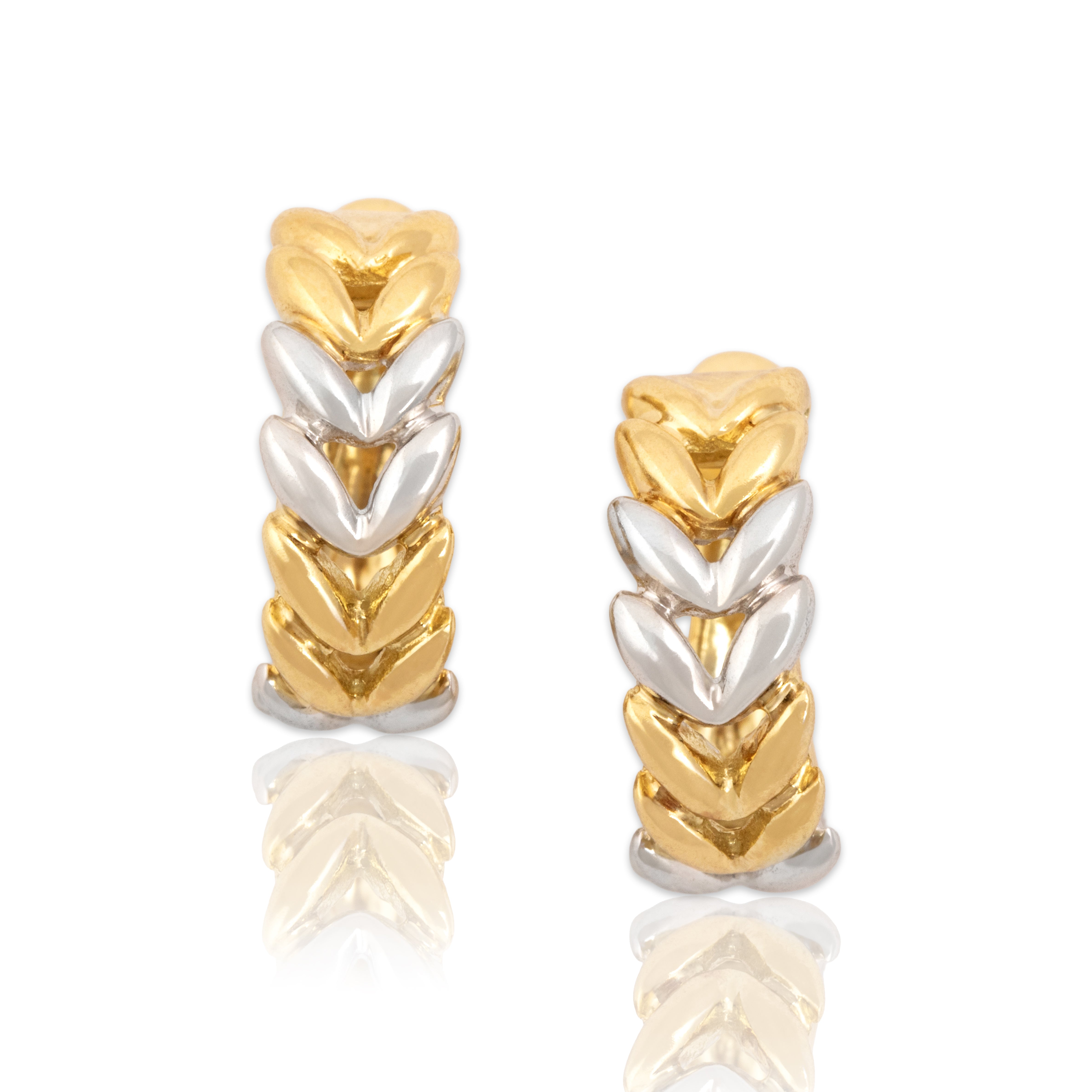 Vintage Small 18k Yellow & White Gold Chevron Vine Lever Back Hoop Earrings - Close-up view
