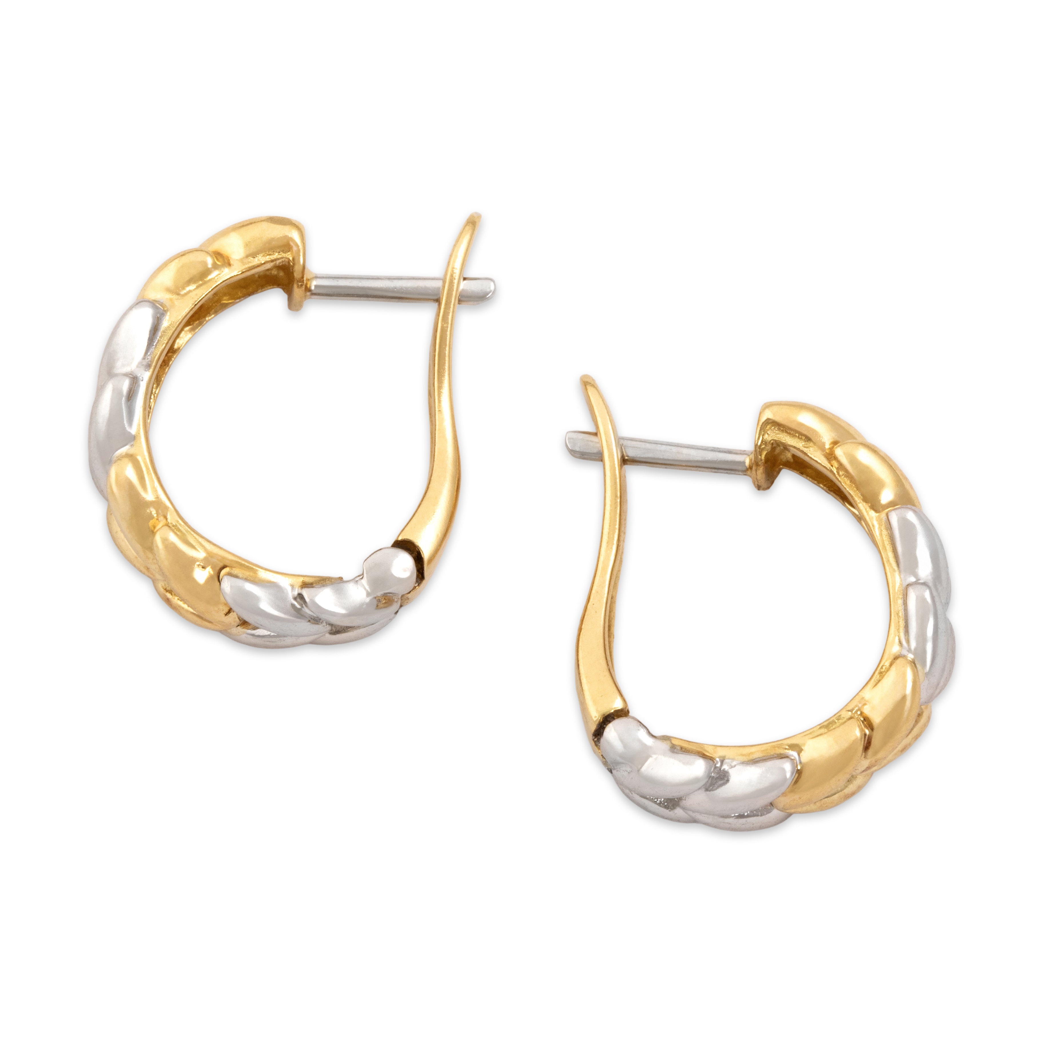 Vintage Small 18k Yellow & White Gold Chevron Vine Lever Back Hoop Earrings - Side view