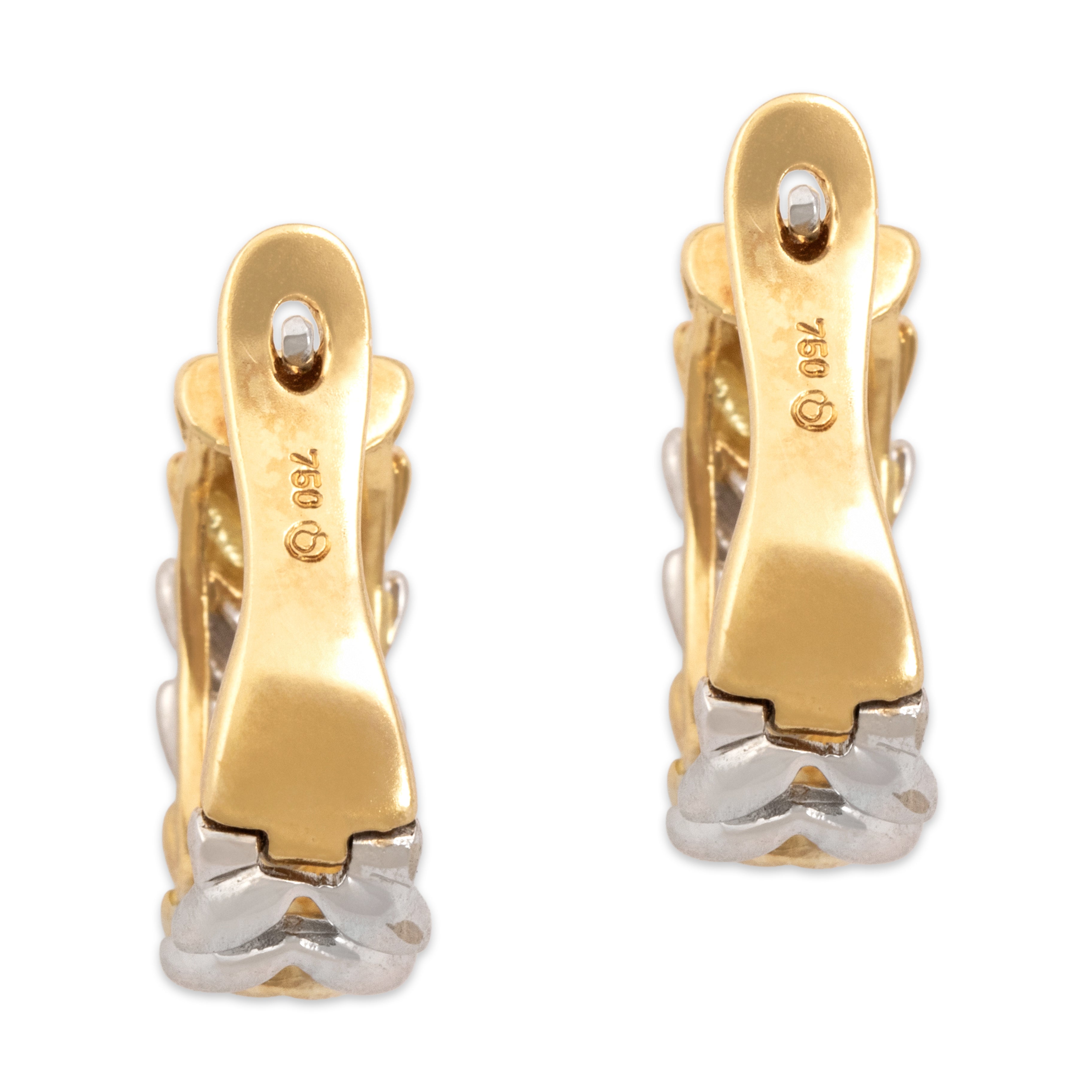 Vintage Small 18k Yellow & White Gold Chevron Vine Lever Back Hoop Earrings - Back view