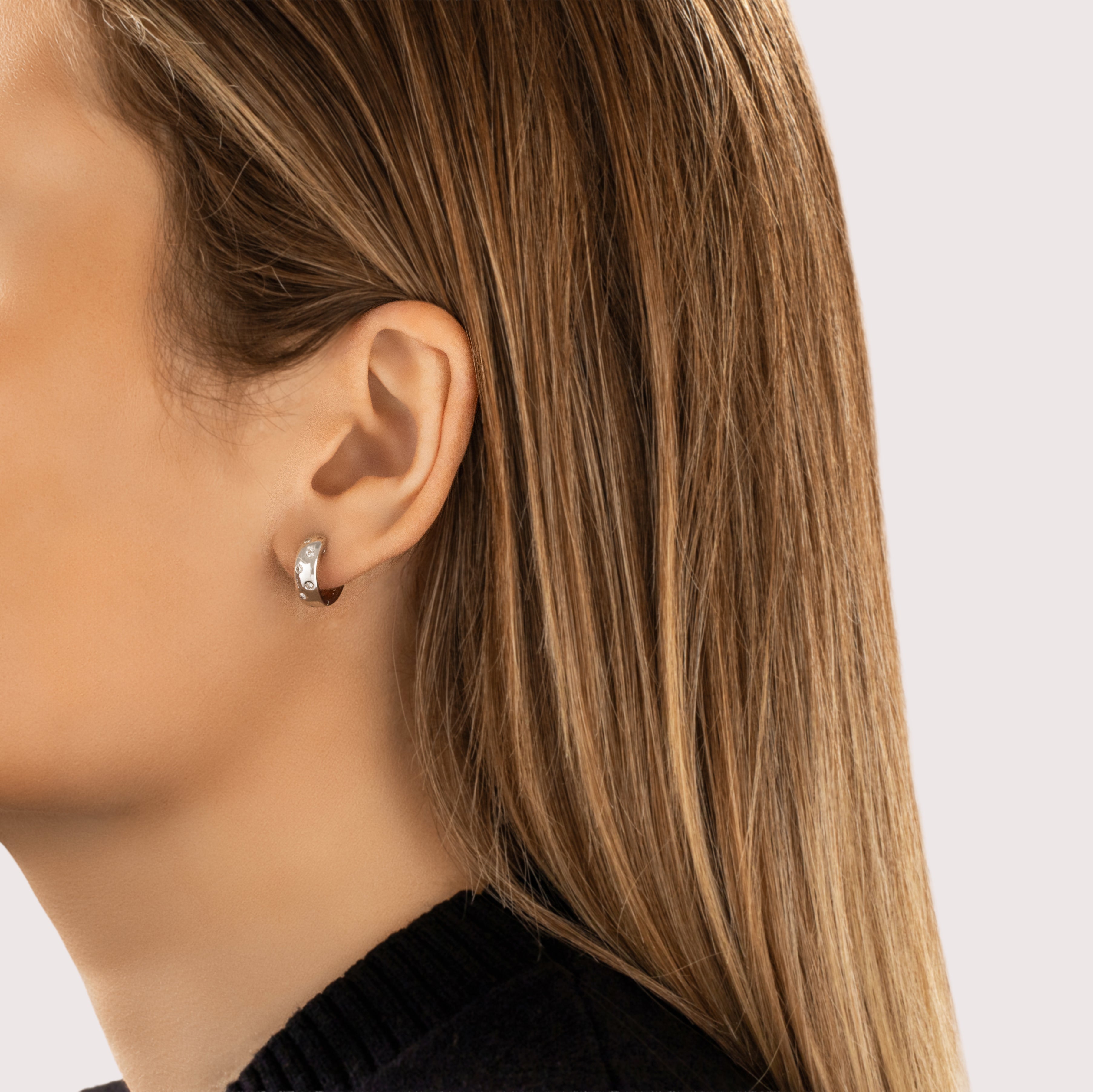 Vintage Small 18k White Gold [Custom Carat] Scattered Polkadot Hoop Earrings - On model view
