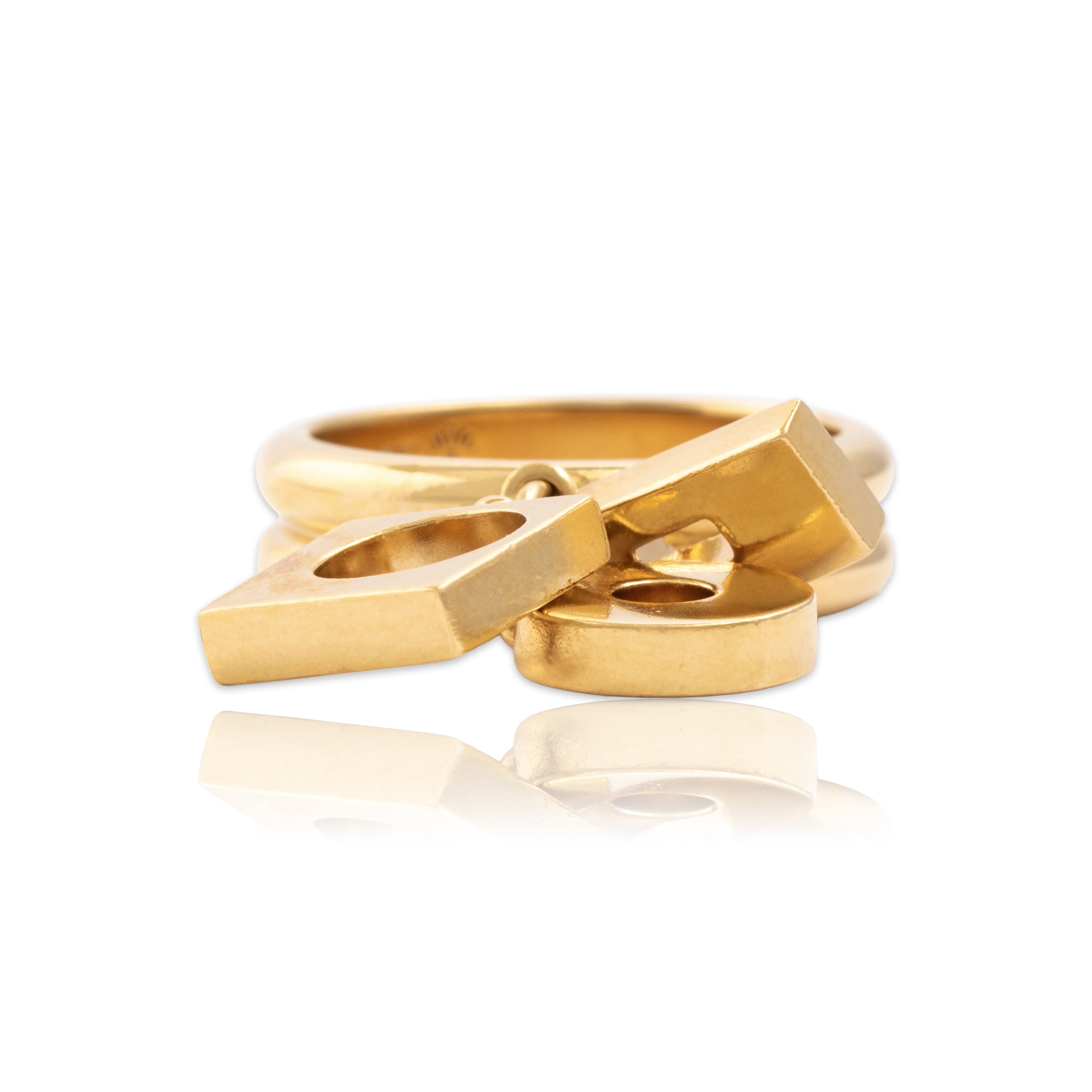 Vintage Italian Heavy 18k Yellow Gold Gleaming Geometric Dangle Ring - Close-up view