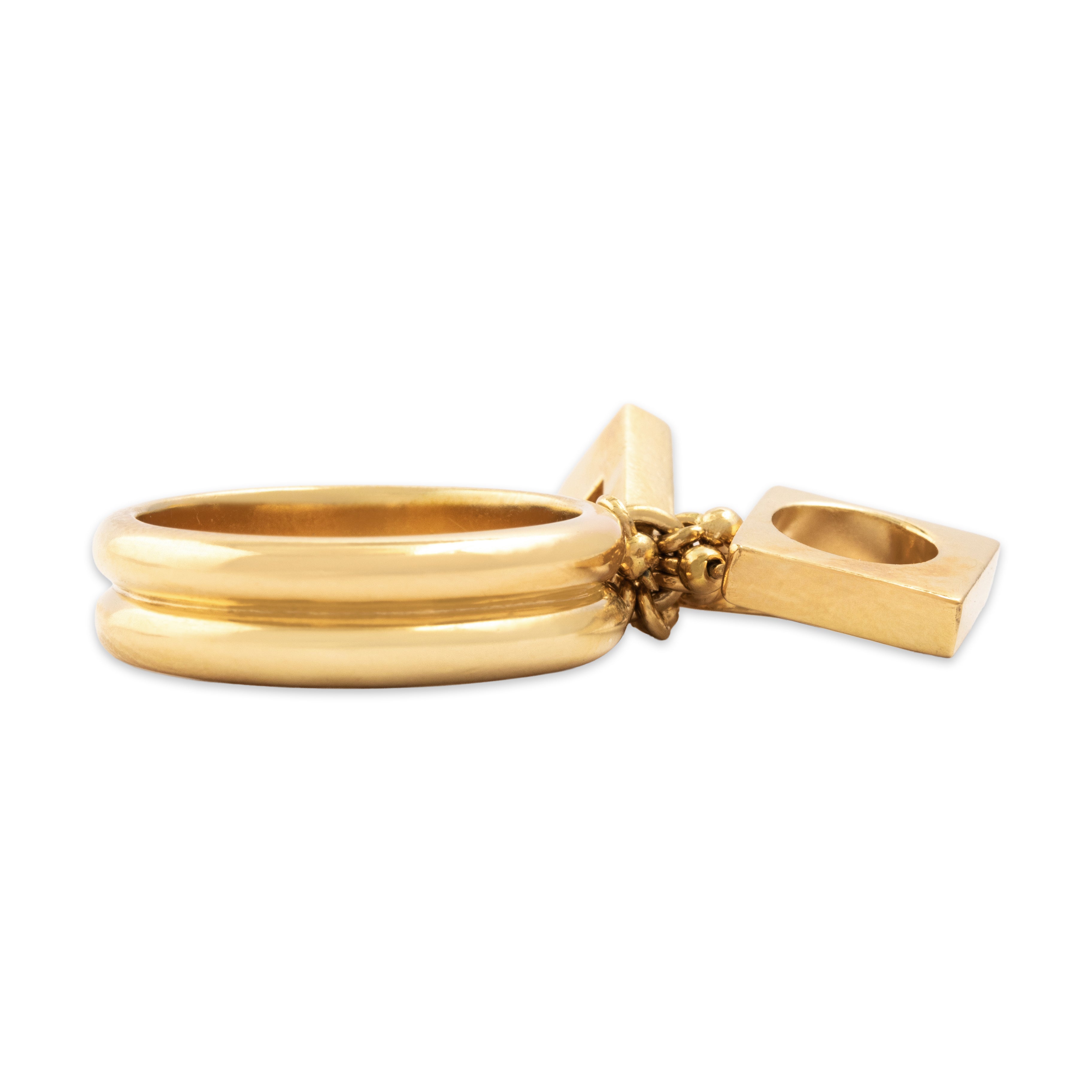 Vintage Italian Heavy 18k Yellow Gold Gleaming Geometric Dangle Ring - Side view