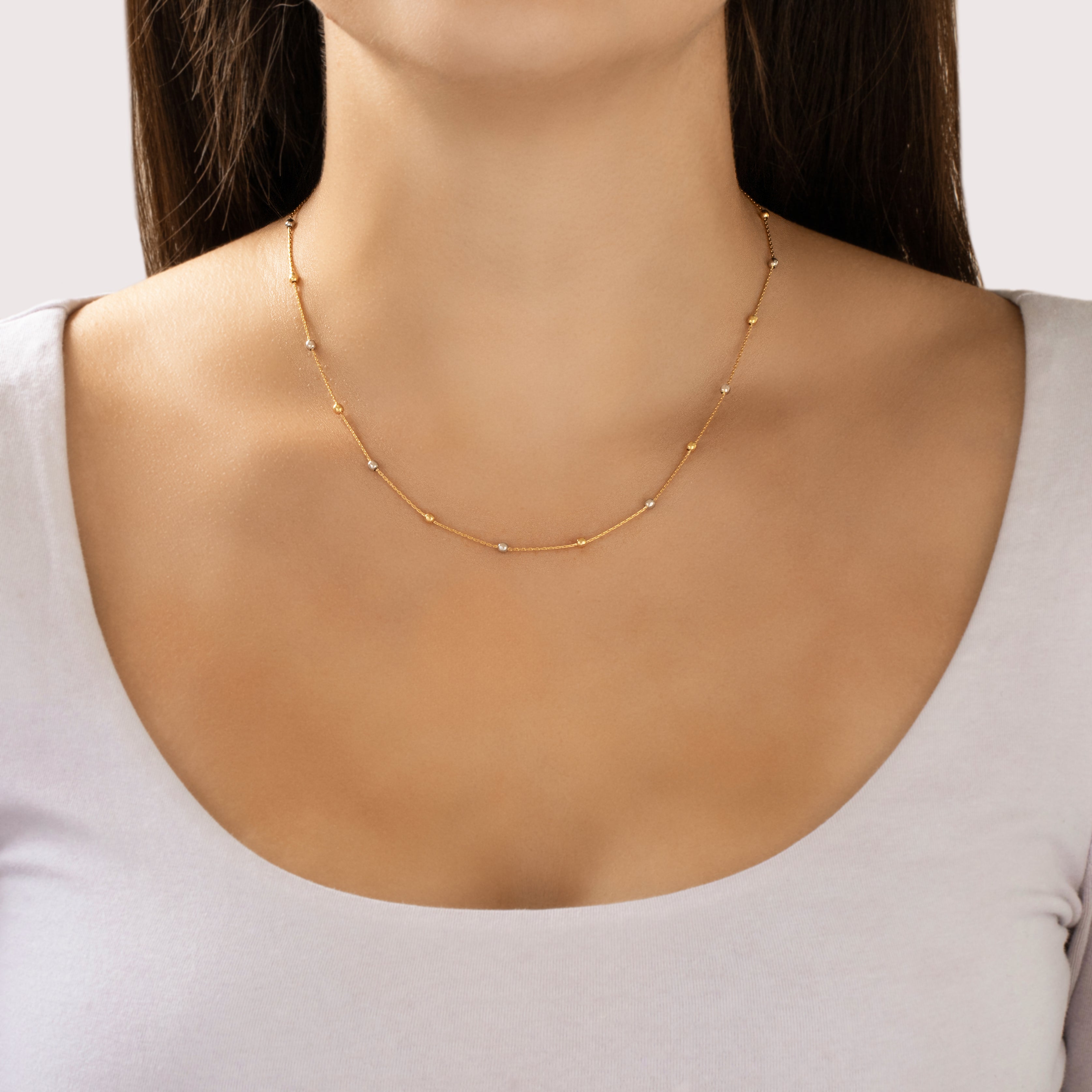 Vintage Italian 18k Yellow & White Gold Dual Tone Satellite Chain Necklace - On model view