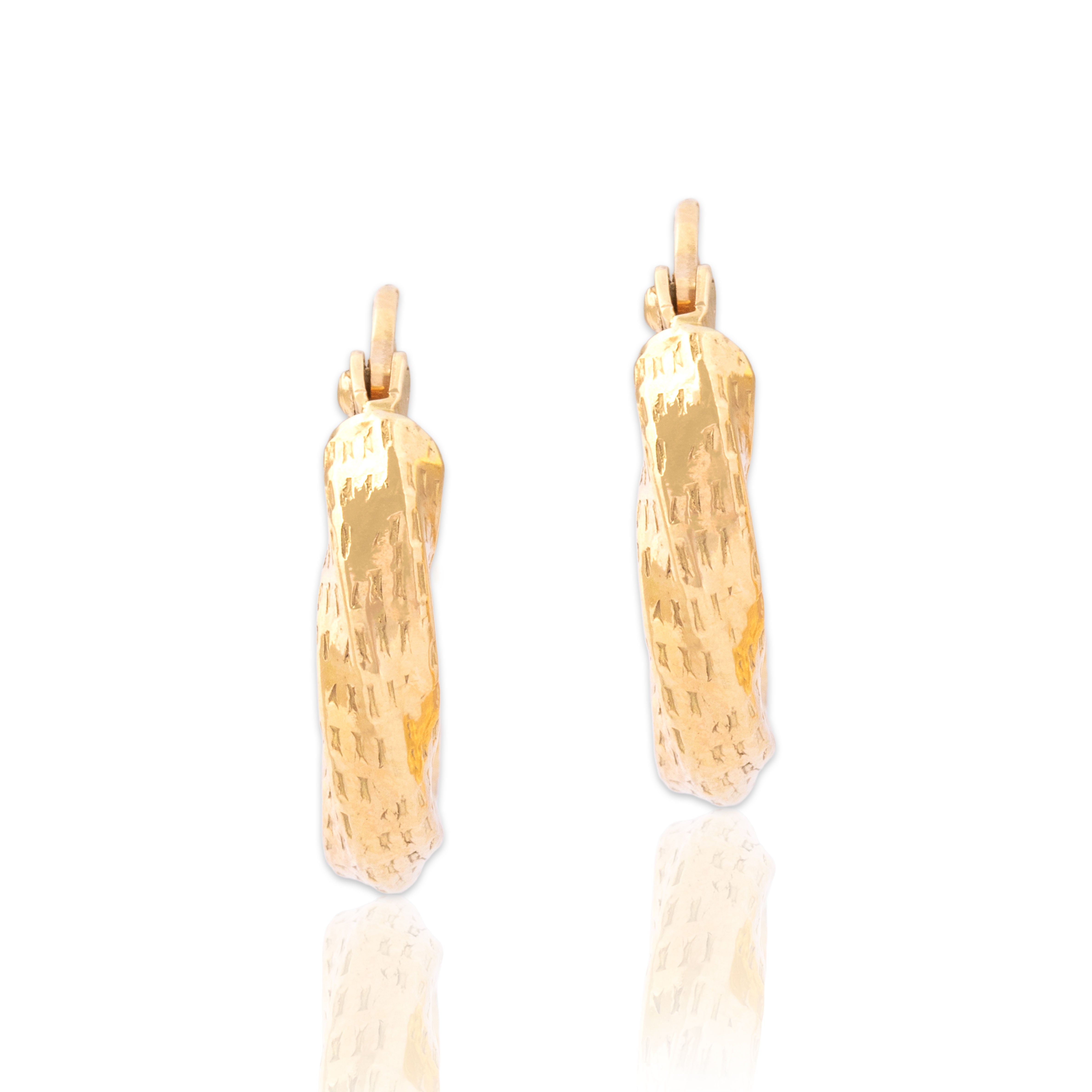 Vintage Italian Small 14k Yellow Gold Twisted Textured Hoop Earrings - Close-up view