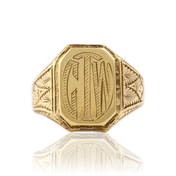 Antique Heavy 14k Yellow Gold Architectural Engraved Monogram Signet Ring 10.50