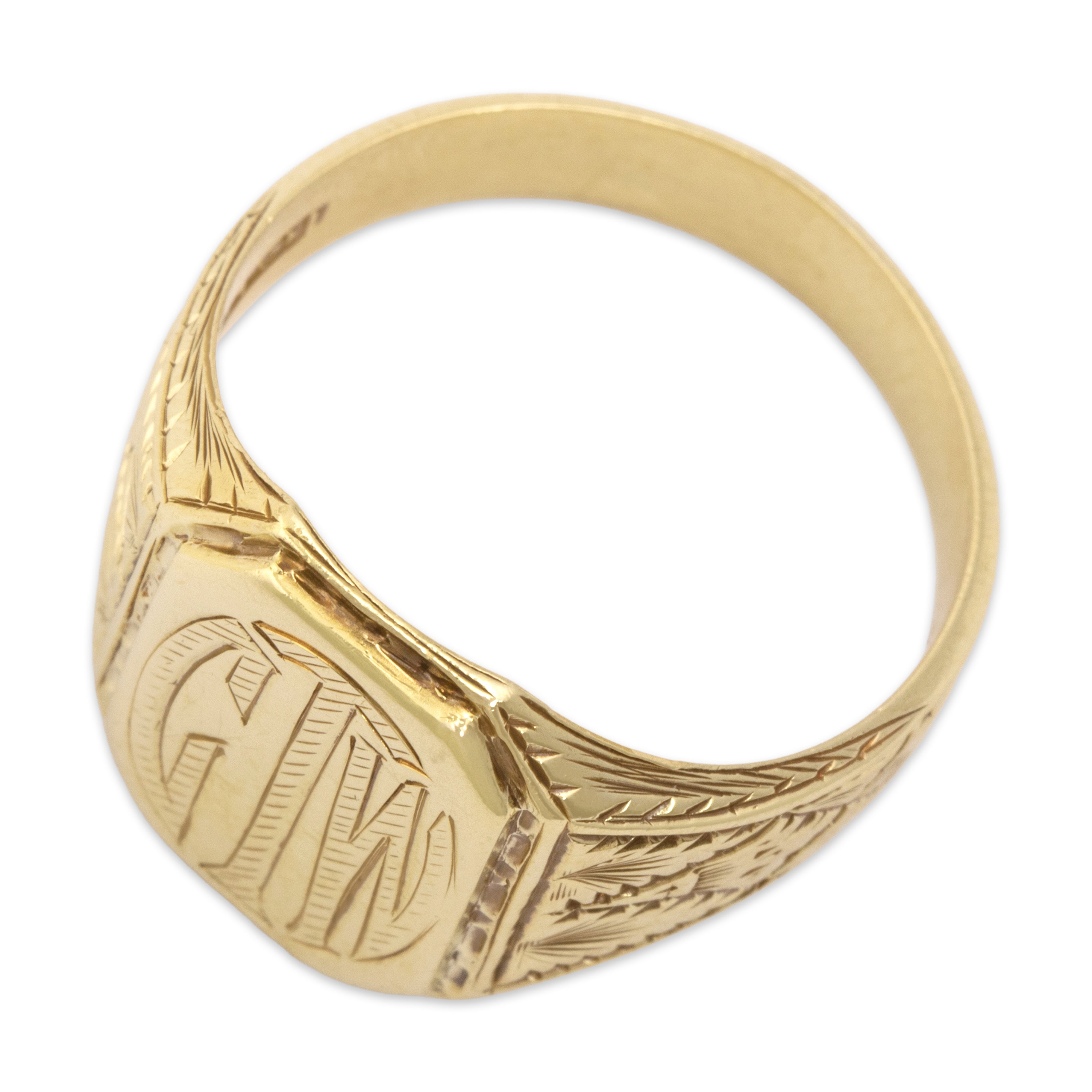 Antique Heavy 14k Yellow Gold Architectural Engraved Monogram Signet Ring - Overall view