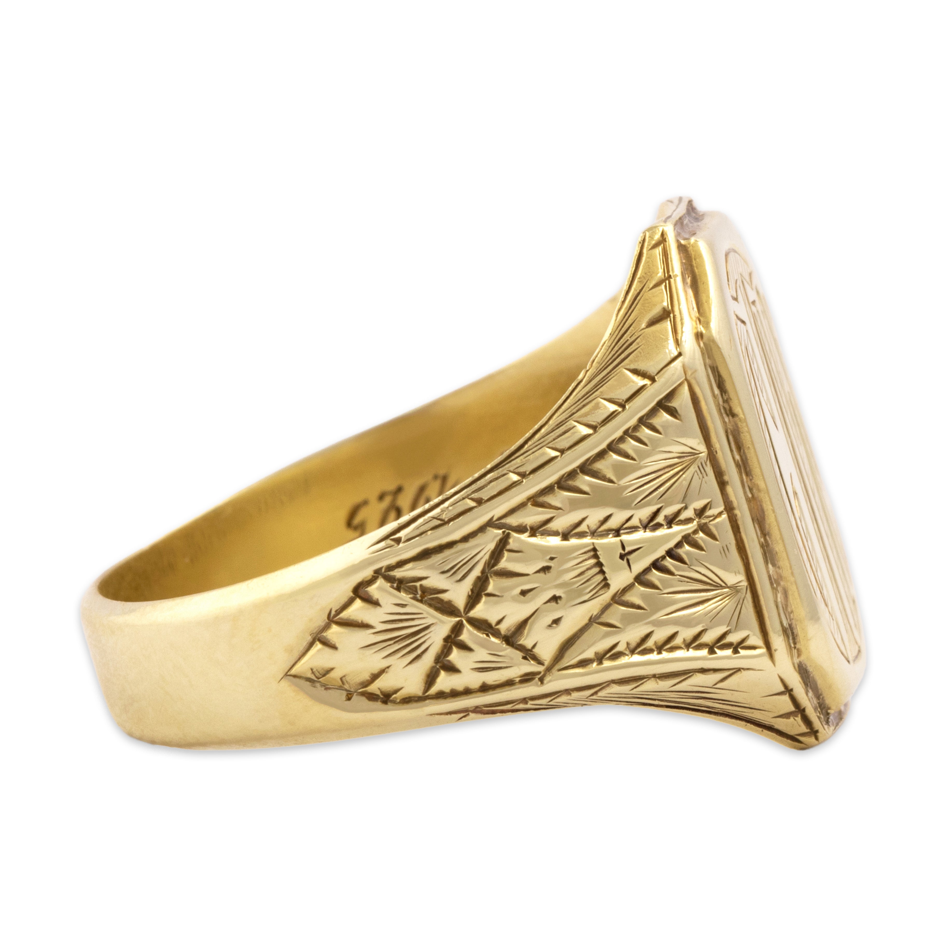 Antique Heavy 14k Yellow Gold Architectural Engraved Monogram Signet Ring - Side view
