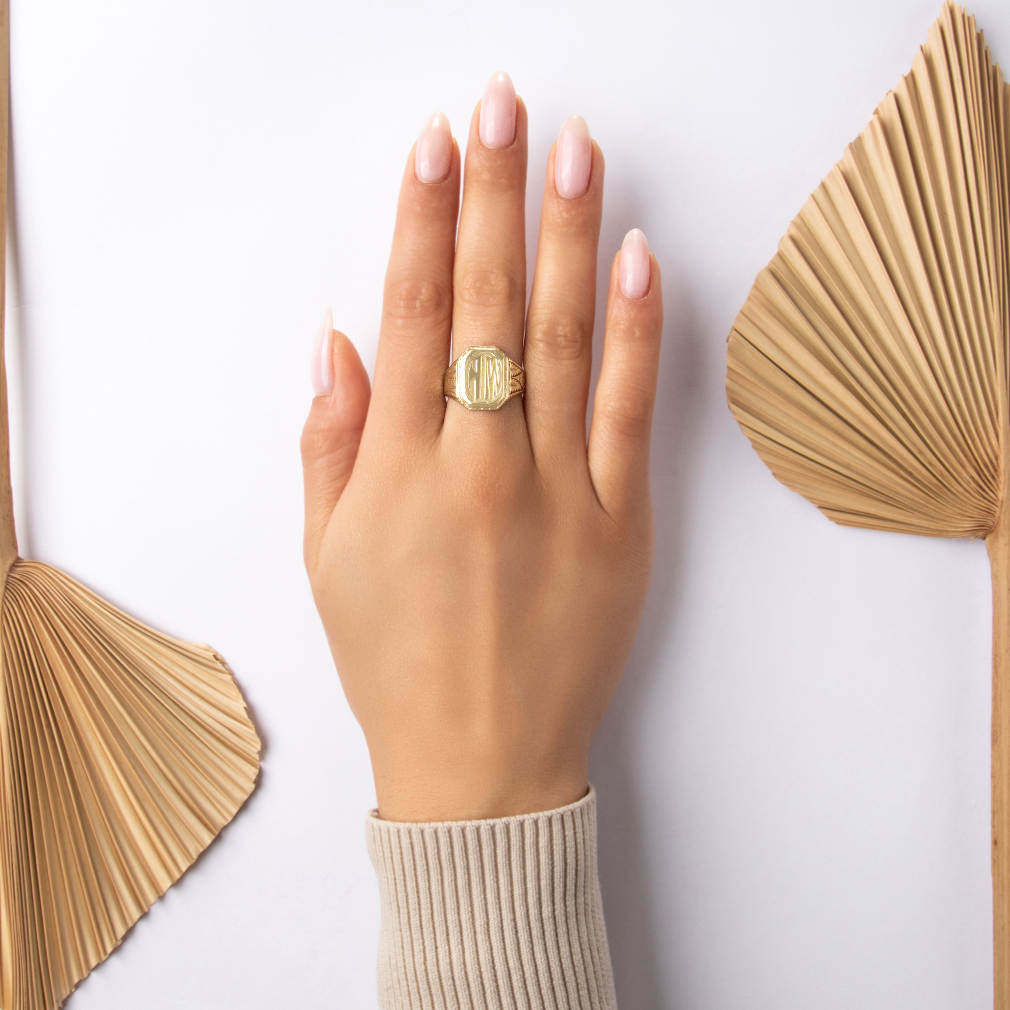Antique Heavy 14k Yellow Gold Architectural Engraved Monogram Signet Ring - On model view