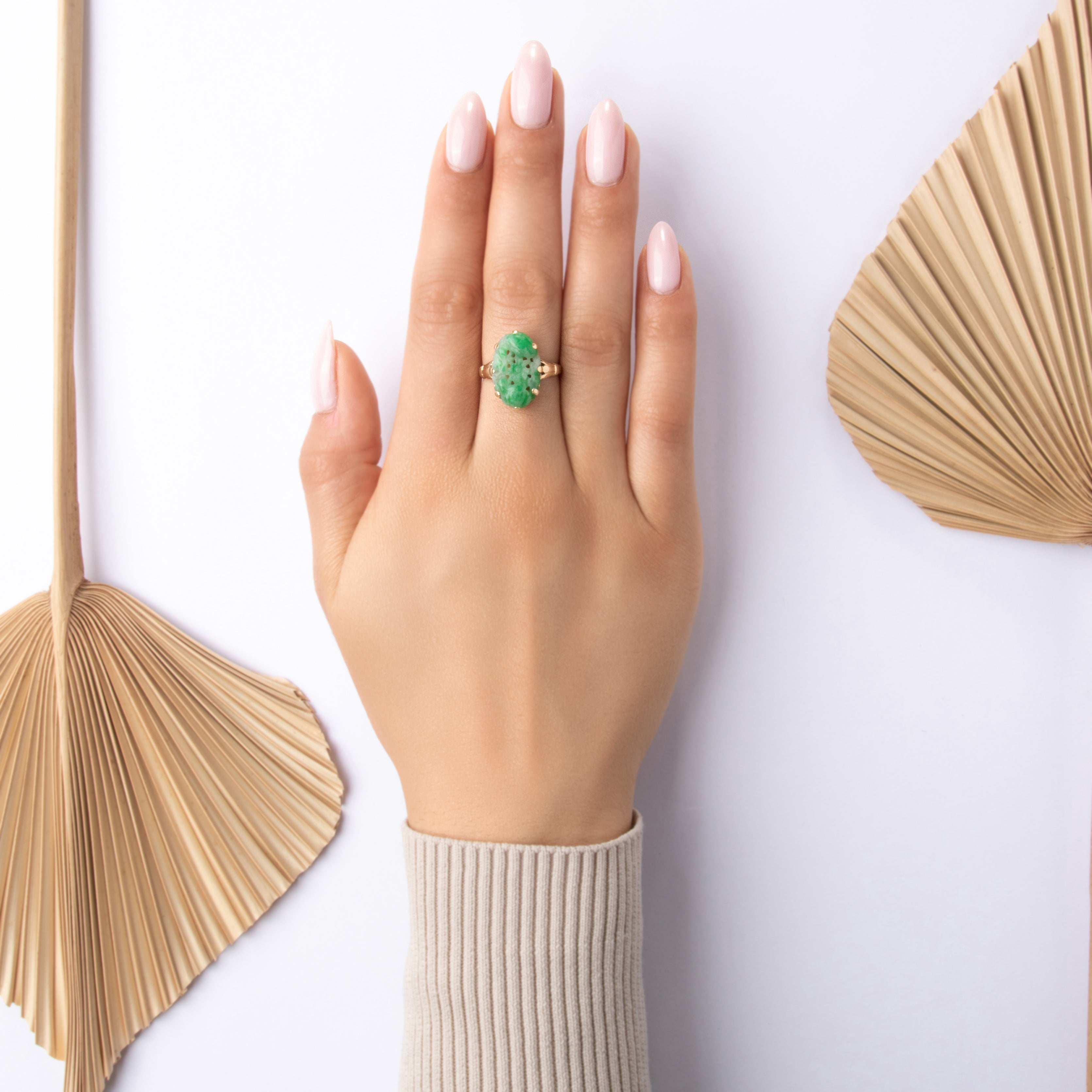 Vintage 14k Yellow Gold 5.49ct Jade Intricately Carved Blossom Ring - On model view