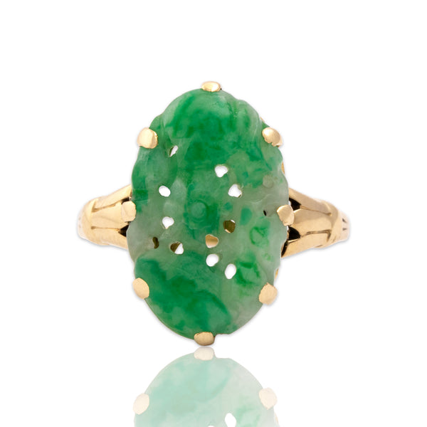 Vintage 14k Yellow Gold 5.49ct Jade Intricately Carved Blossom Ring 8.50