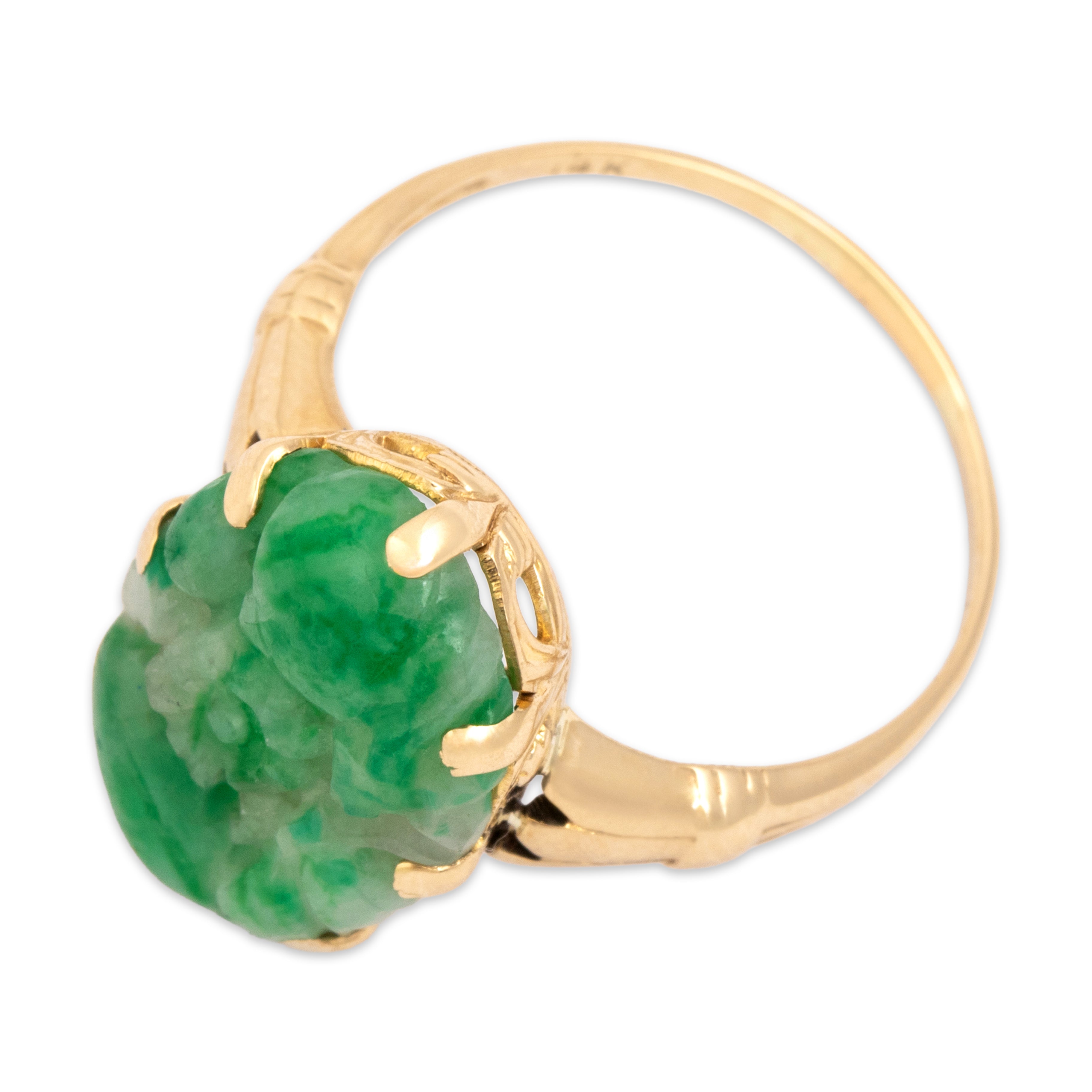 Vintage 14k Yellow Gold 5.49ct Jade Intricately Carved Blossom Ring - Overall view