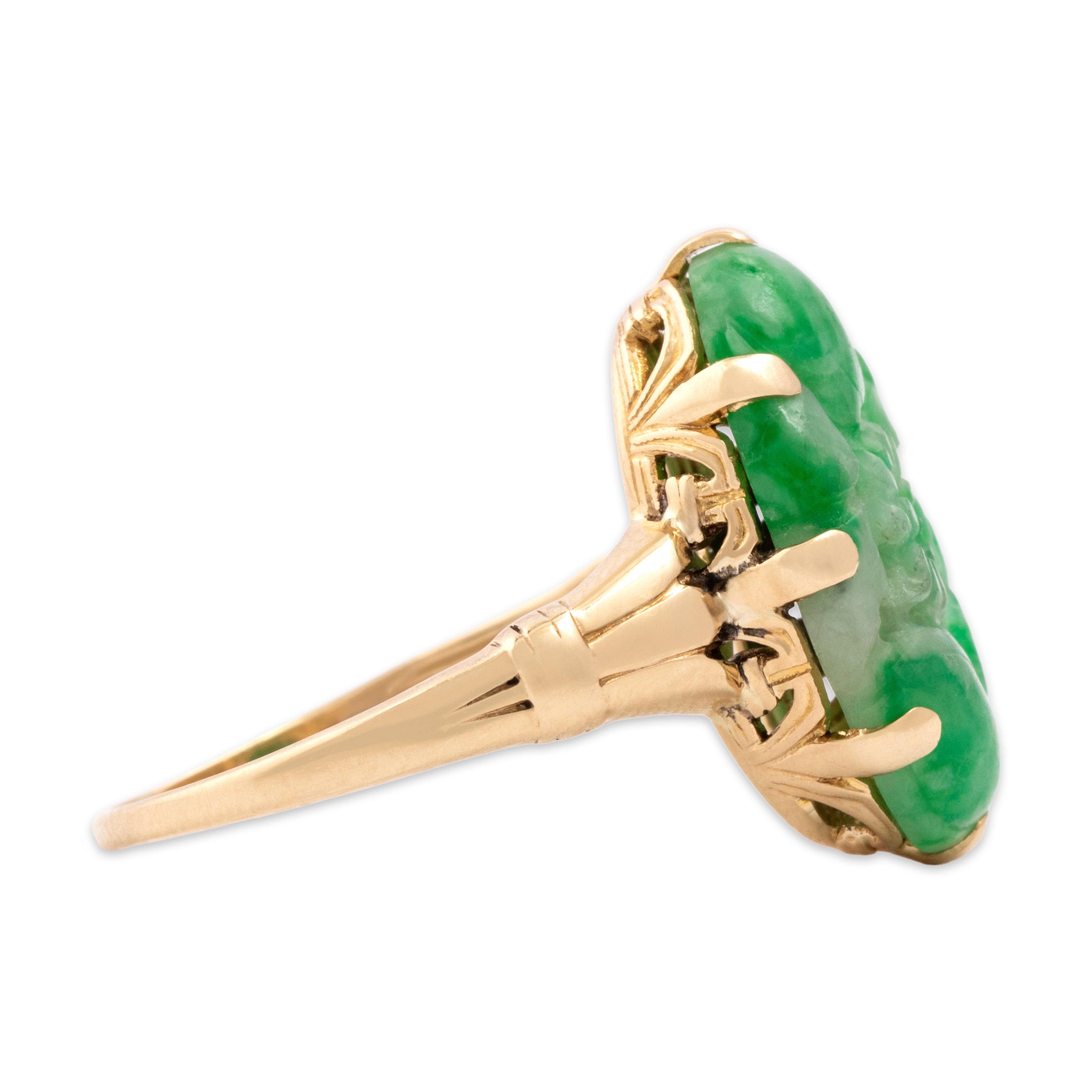 Vintage 14k Yellow Gold 5.49ct Jade Intricately Carved Blossom Ring - Side view