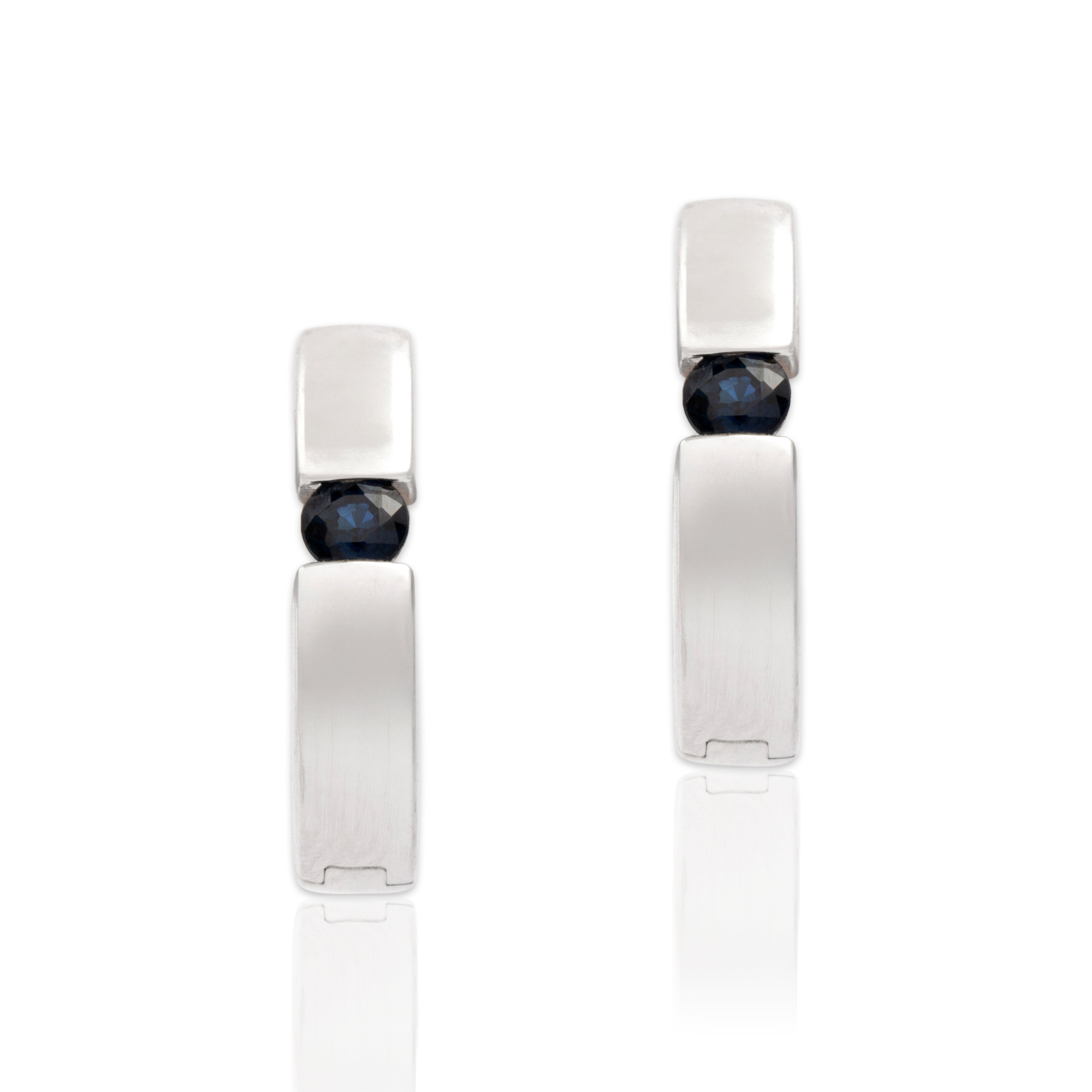 Estate 14k White Gold Blue Sapphire Sleek Modern Hoop Earrings - Close-up view