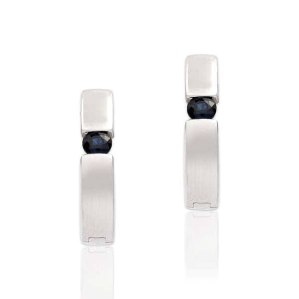 Estate 14k White Gold Blue Sapphire Sleek Modern Small Hoop Earrings