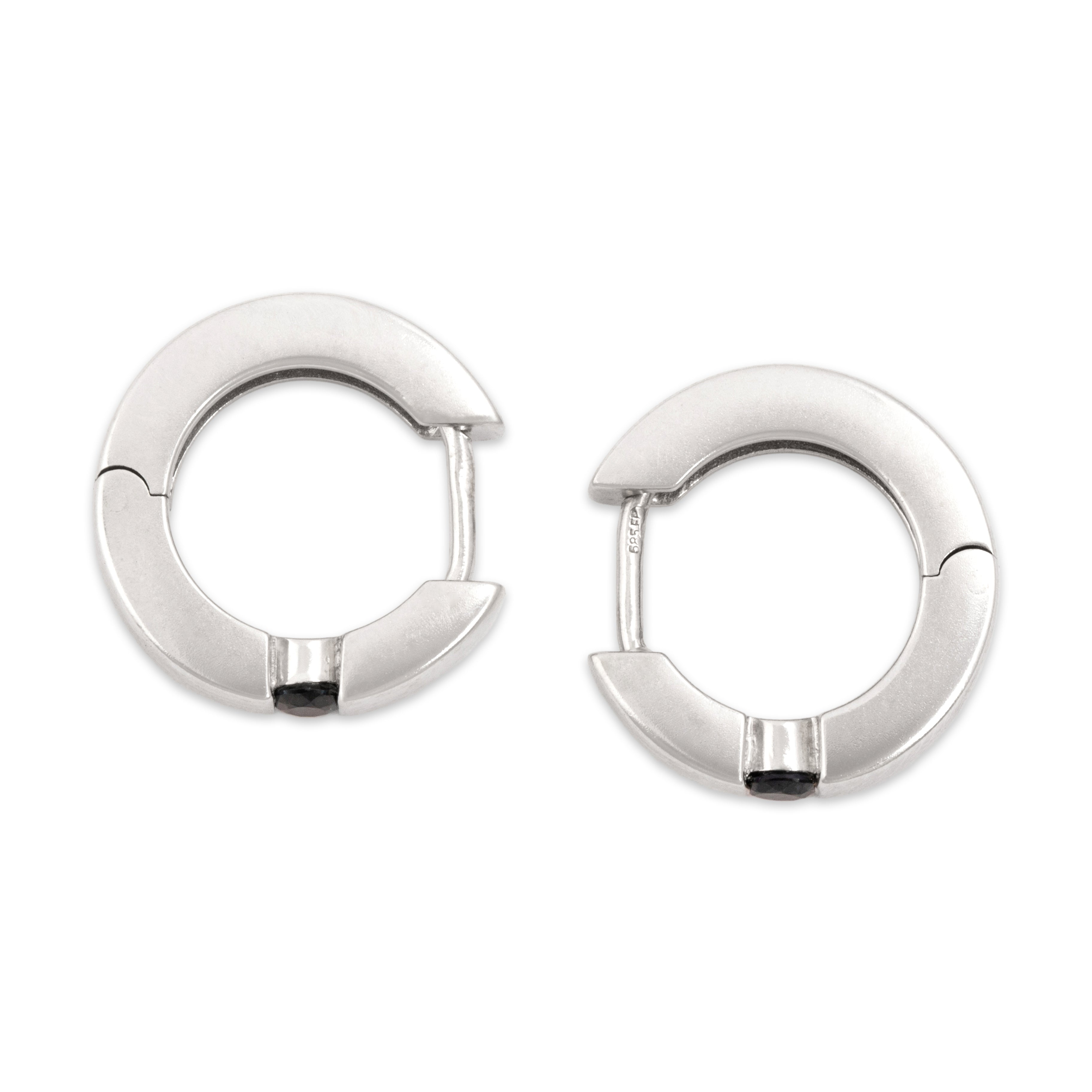 Estate 14k White Gold Blue Sapphire Sleek Modern Hoop Earrings - detail view #1