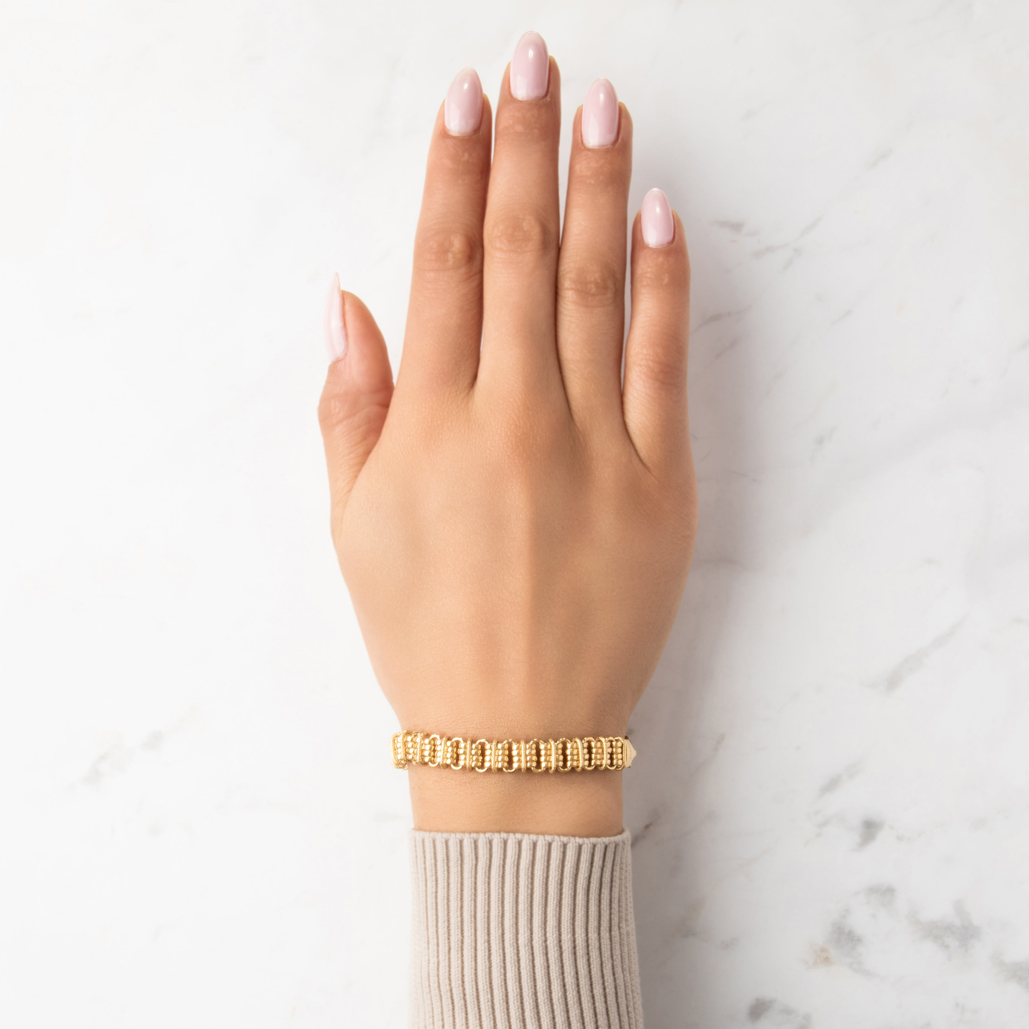Vintage Italian 14k Yellow Gold Textured Decorative Link Bracelet - On model view