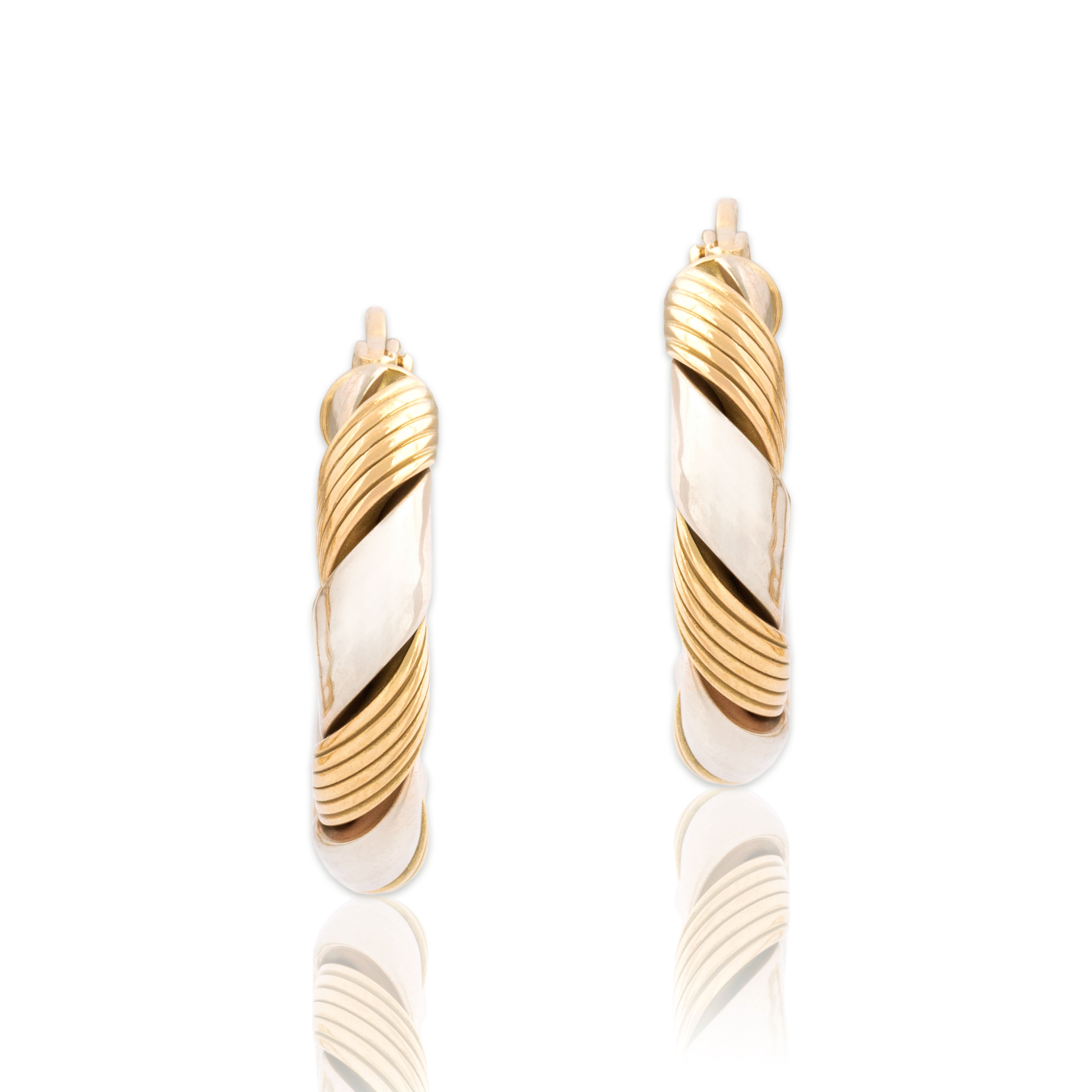 Vintage Italian 14k Yellow & White Gold Elegant Twisted Ribbon Hoop Earrings - Close-up view