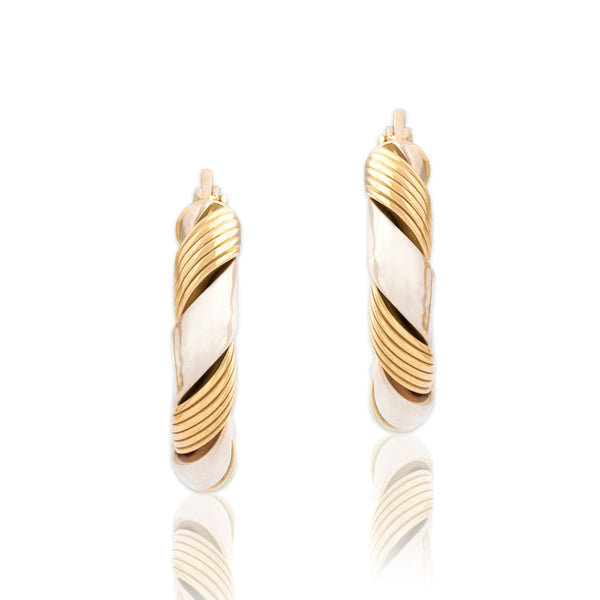 Vintage Italian 14k Yellow & White Gold Elegant Twisted Ribbon Hoop Earrings