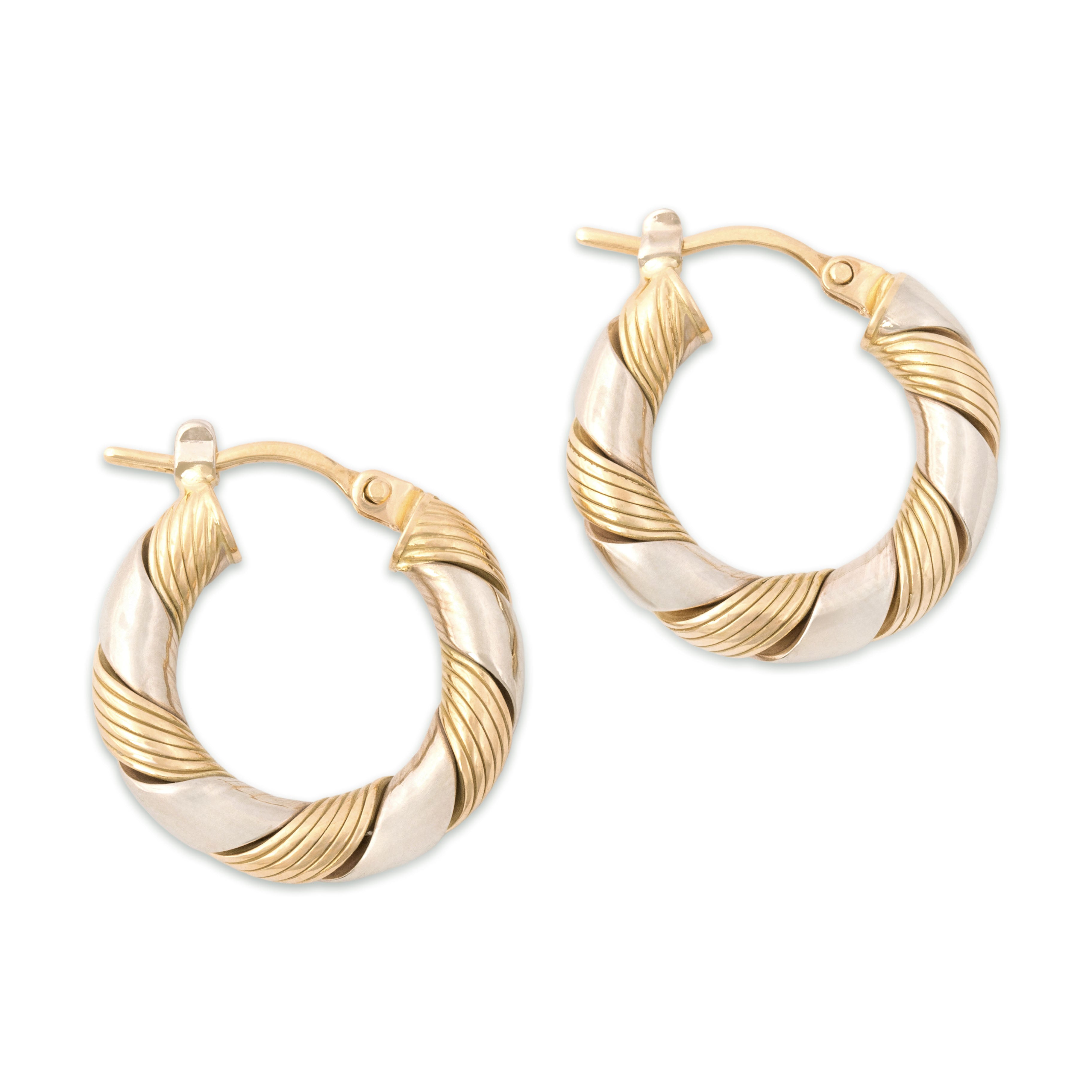 Vintage Italian 14k Yellow & White Gold Elegant Twisted Ribbon Hoop Earrings - Overall view