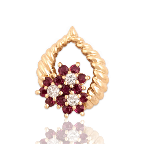 Vintage Small 14k Yellow Gold Ruby Diamond Floral Adorned Slide Pendant