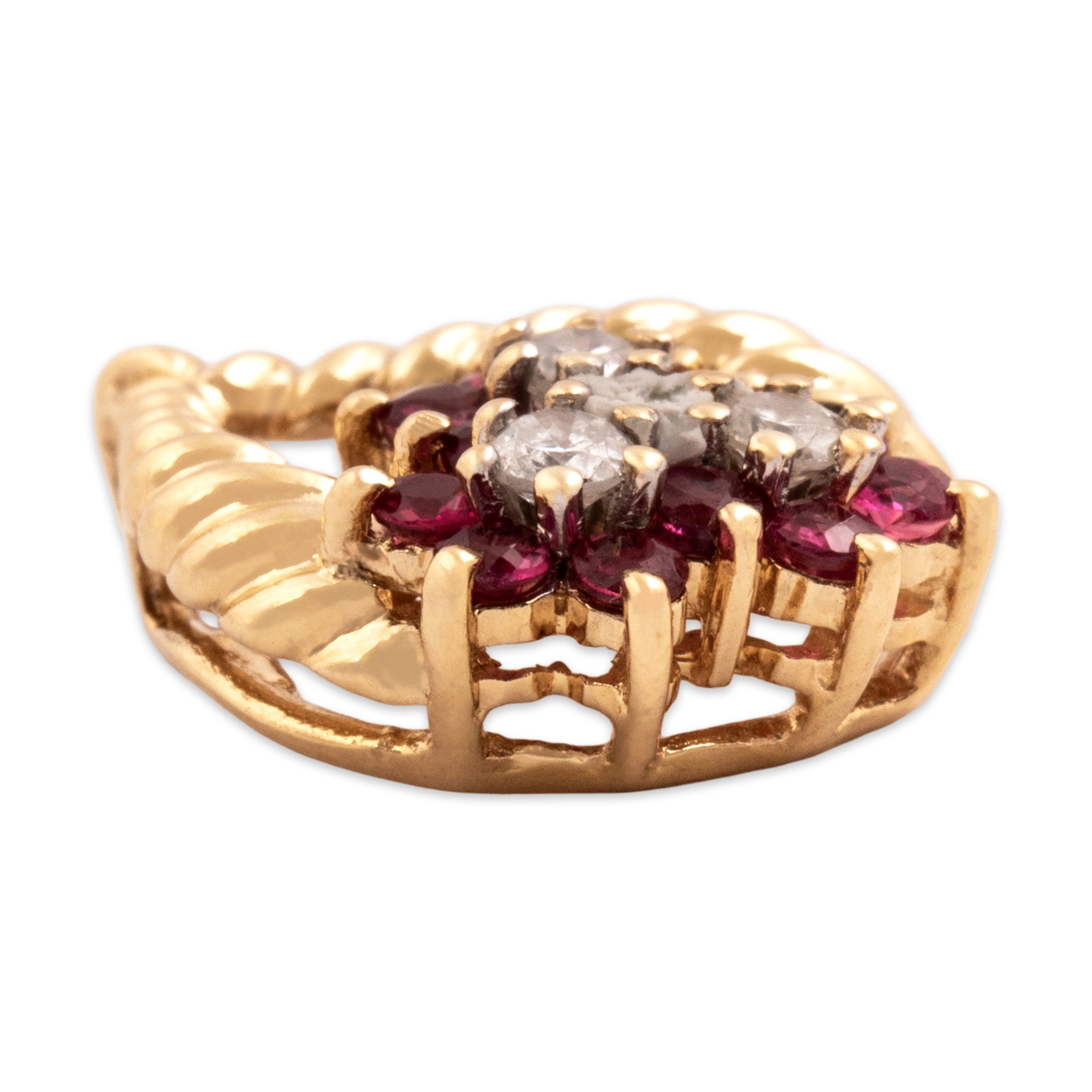 Vintage Small 14k Yellow Gold Ruby Diamond Floral Adorned Slide Pendant - Side view
