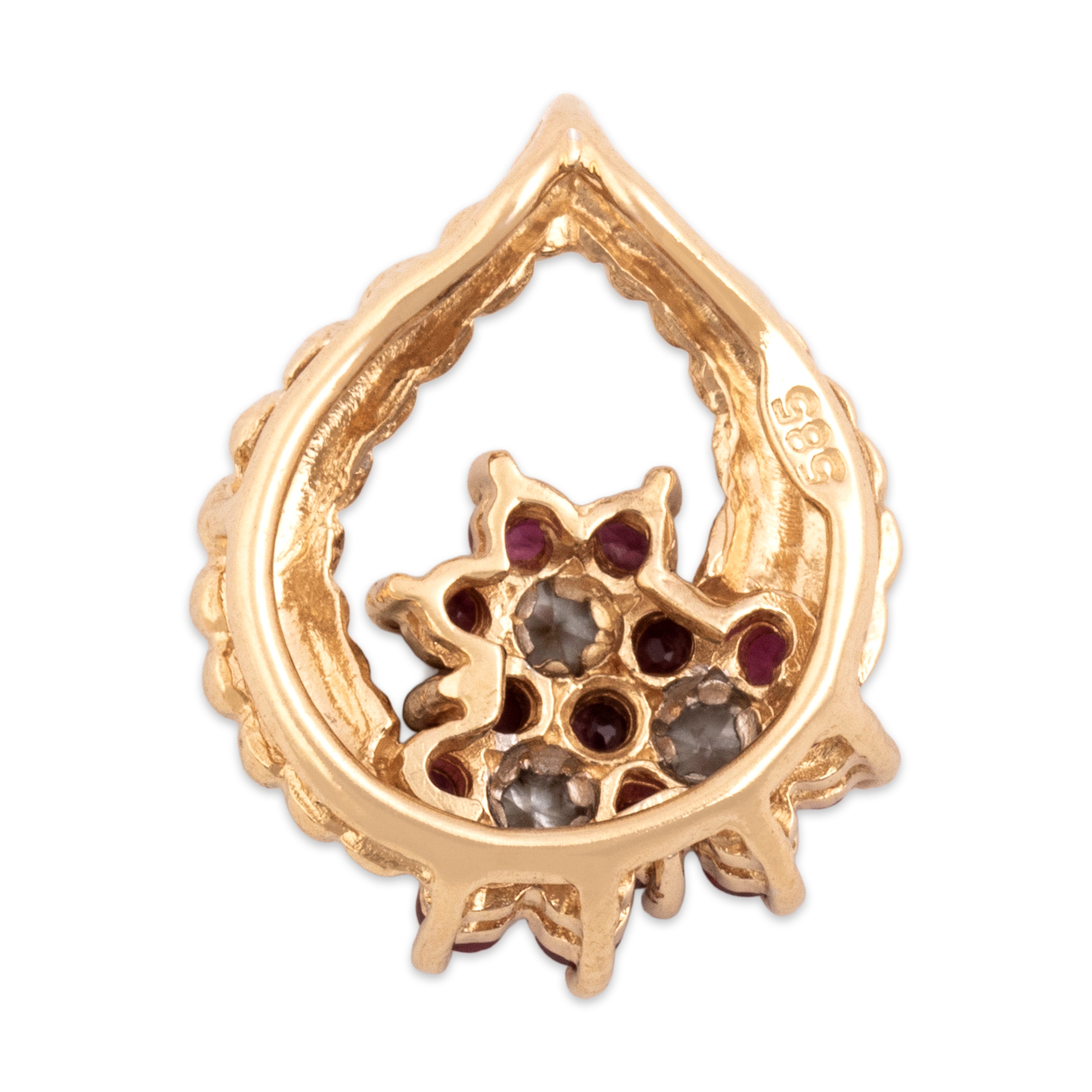 Vintage Small 14k Yellow Gold Ruby Diamond Floral Adorned Slide Pendant - Back view