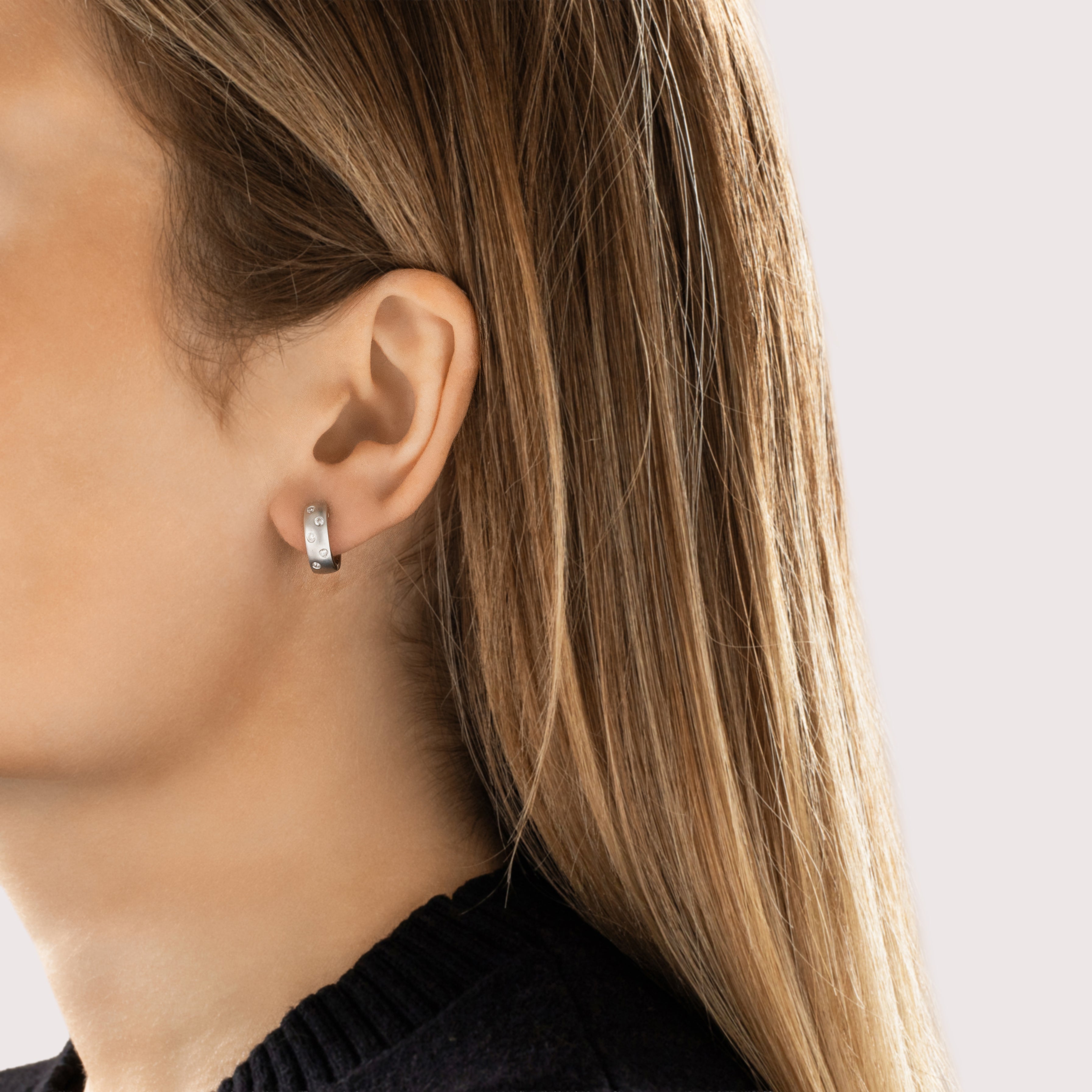 Vintage 18k White Gold [Custom Carat] Flush Set Brushed Huggie Hoop Earrings - On model view